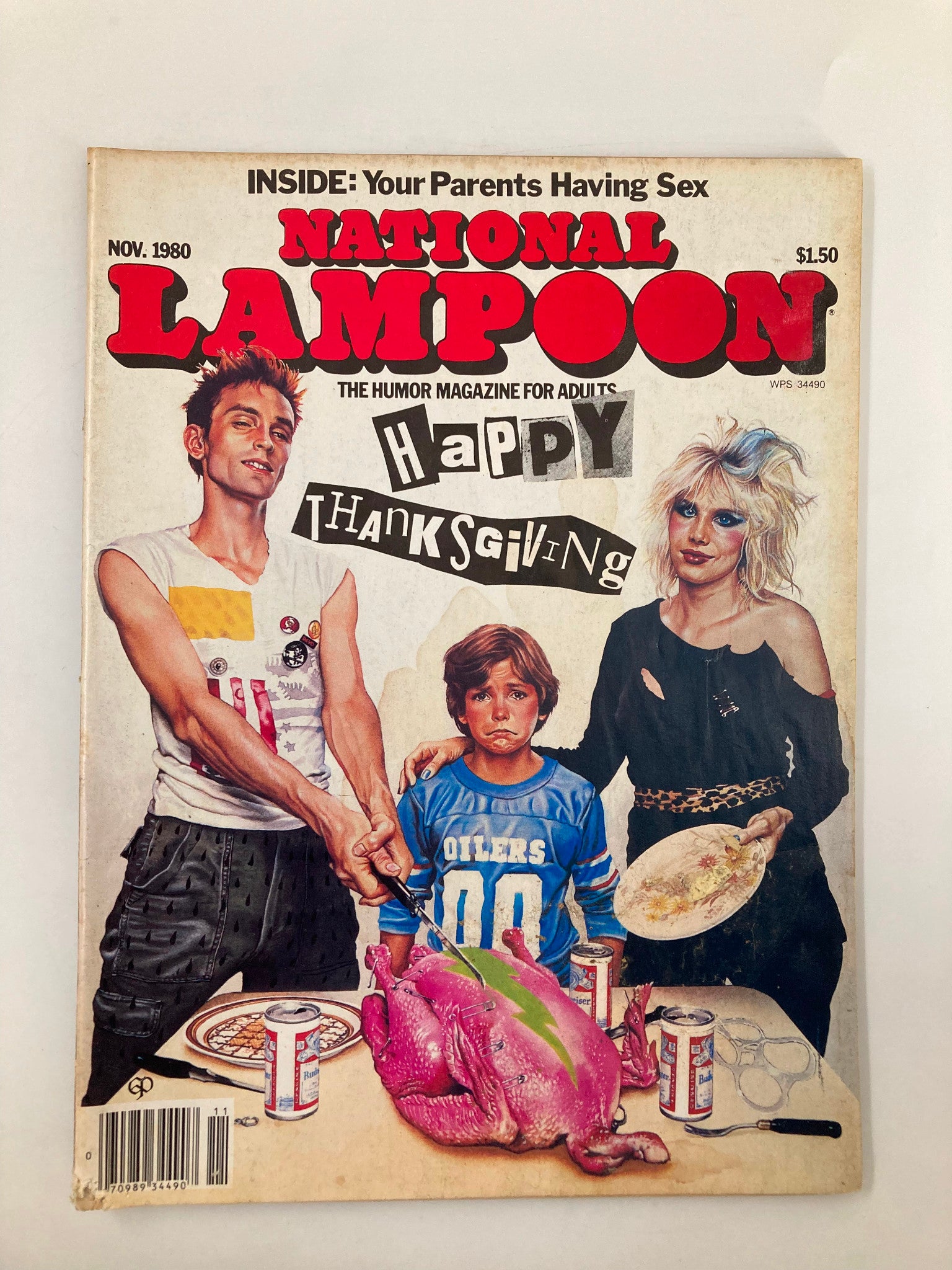 Cover of the National Lampoon Humor Magazine November 1980 edition featuring a Happy Thanksgiving theme, showcasing a comedic illustration with characters around a turkey, celebrating the holiday spirit.