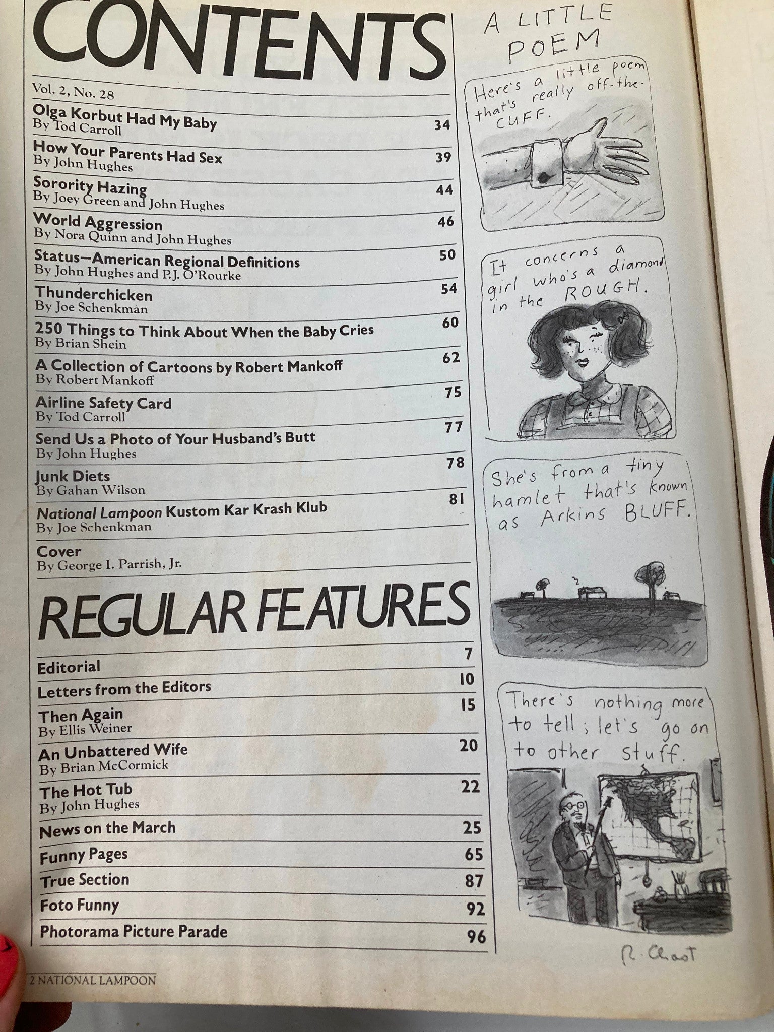 Contents page of the National Lampoon Humor Magazine November 1980 edition, listing various humorous articles and features, highlighting the magazine's comedic style and themes.