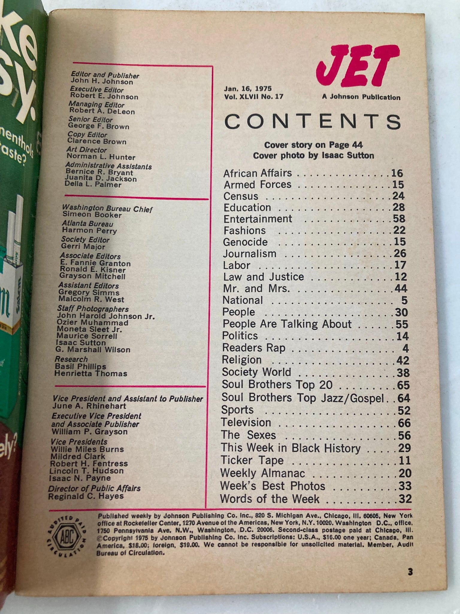 Contents page of VTG Jet Magazine January 16 1975 Vol 47 #17, listing various sections including African Affairs, Entertainment, and Society World.