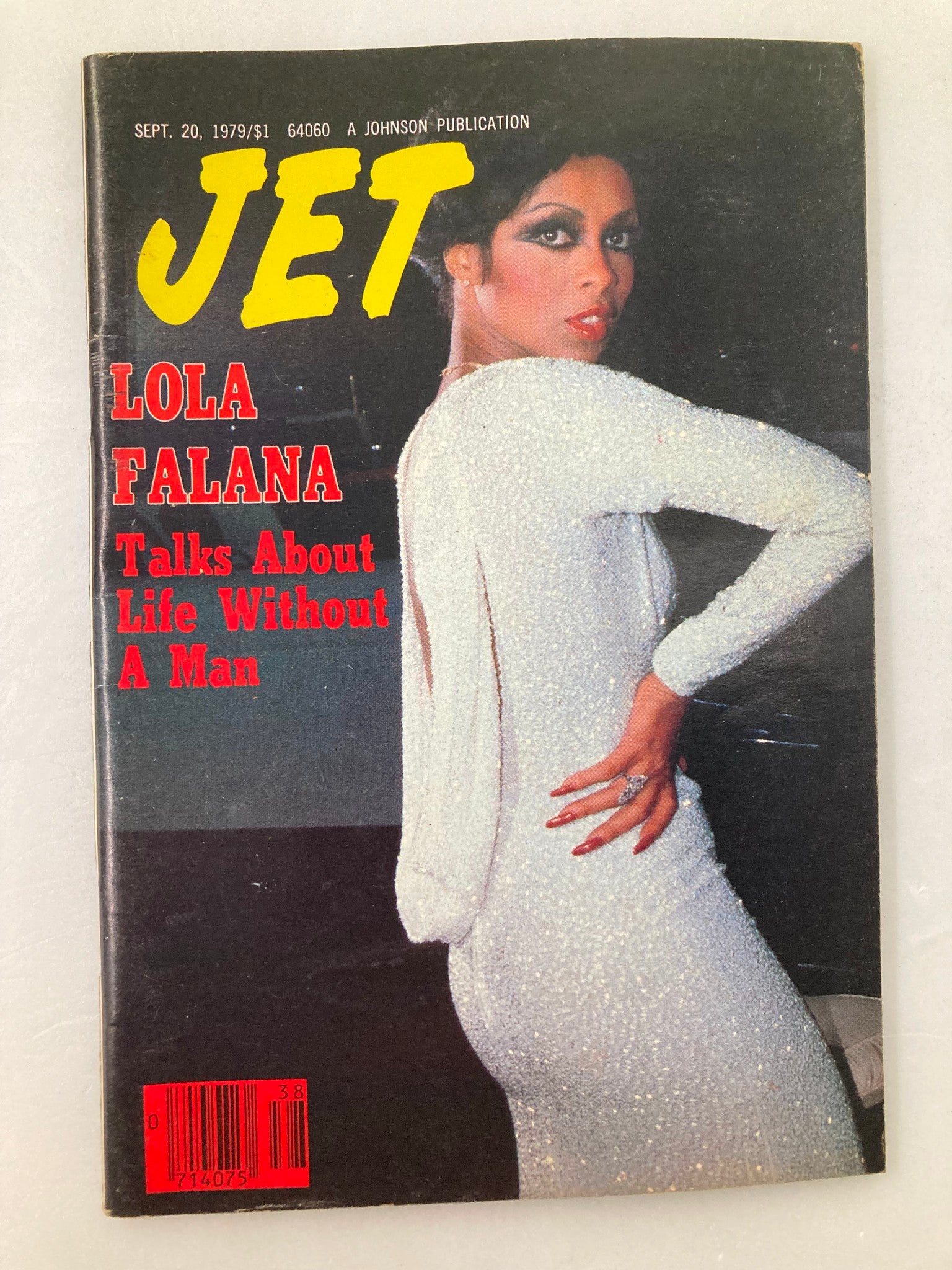 Cover of VTG Jet Magazine from September 20, 1979, Volume 57, Issue 1 featuring Lola Falana. The magazine highlights an article titled 'Lola Falana Talks About Life Without A Man'. The cover displays a glamorous Lola Falana in a sparkling white dress.