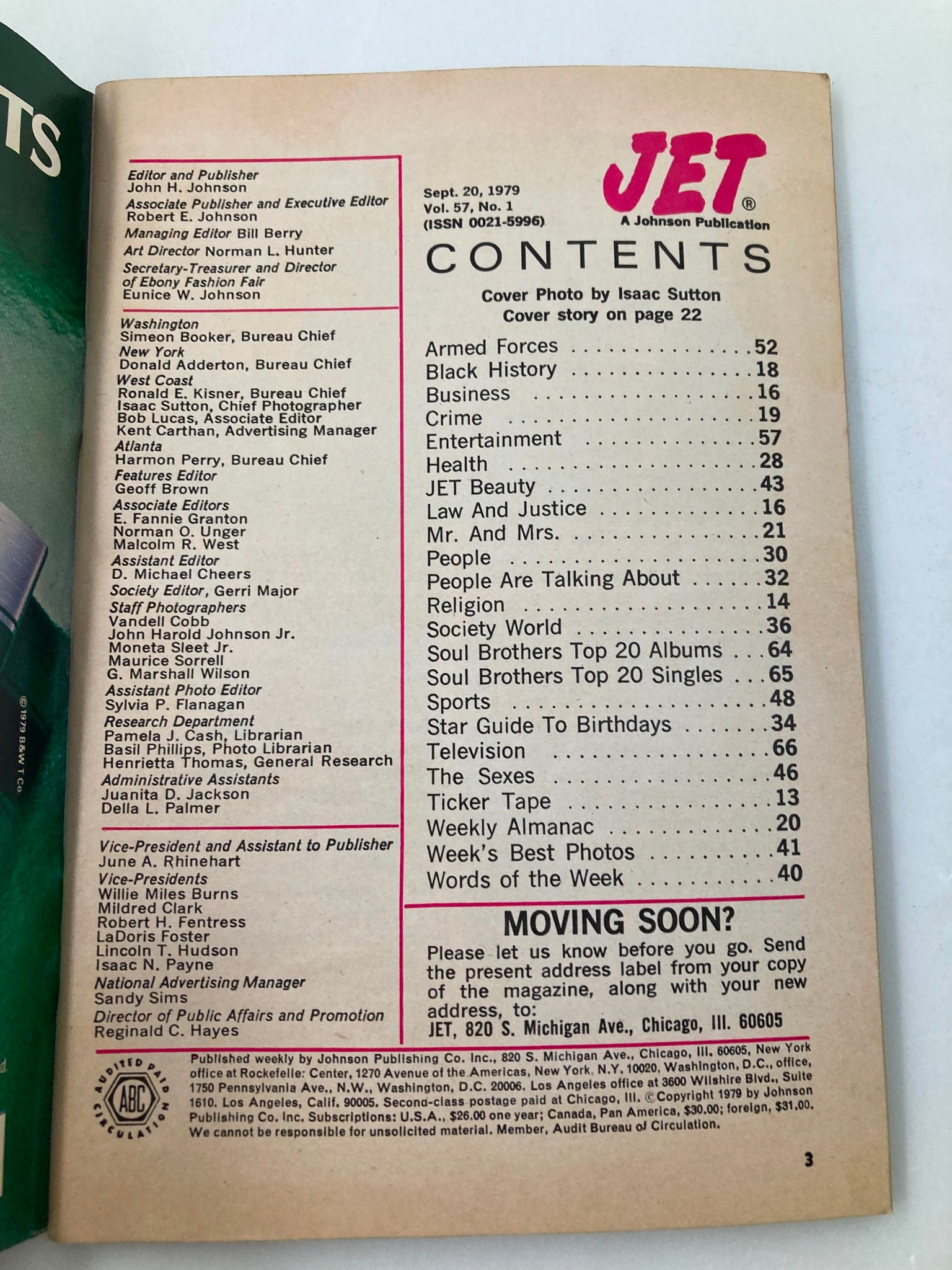 Contents page from VTG Jet Magazine, September 20, 1979, Vol 57 #1 featuring the editorial staff and articles including Black History, Entertainment, and Society.