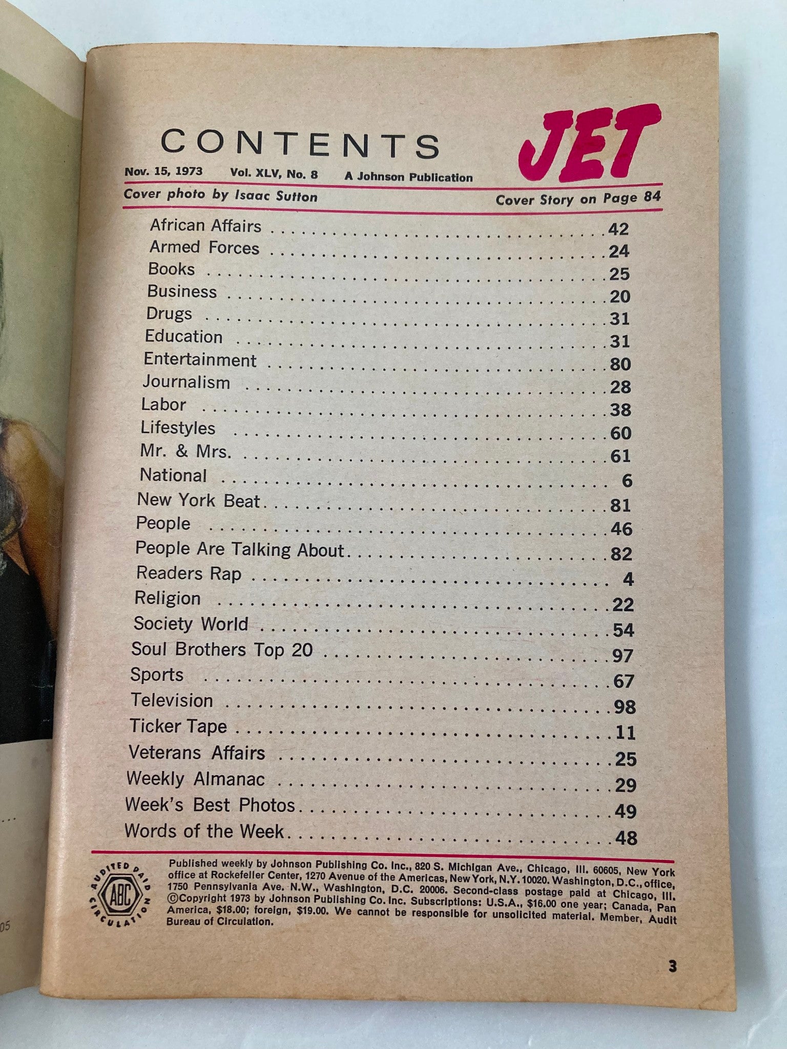 Contents page of VTG Jet Magazine November 15 1973 Vol 45 #8 featuring articles on African Affairs, Entertainment, Health, and more. Includes cover photo by Isaac Sutton.