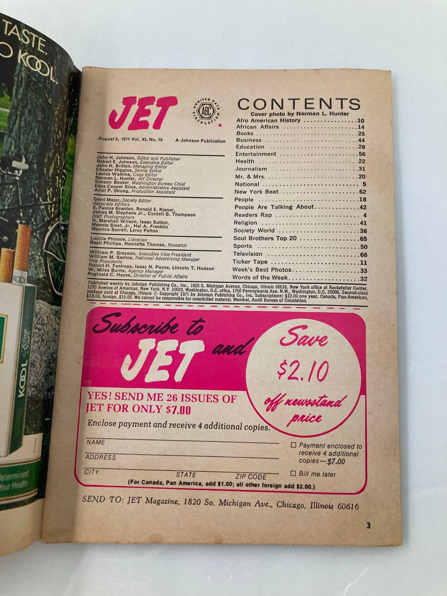 Contents page of VTG Jet Magazine from August 5, 1971, Vol 40 #19, published by Johnson Publications.