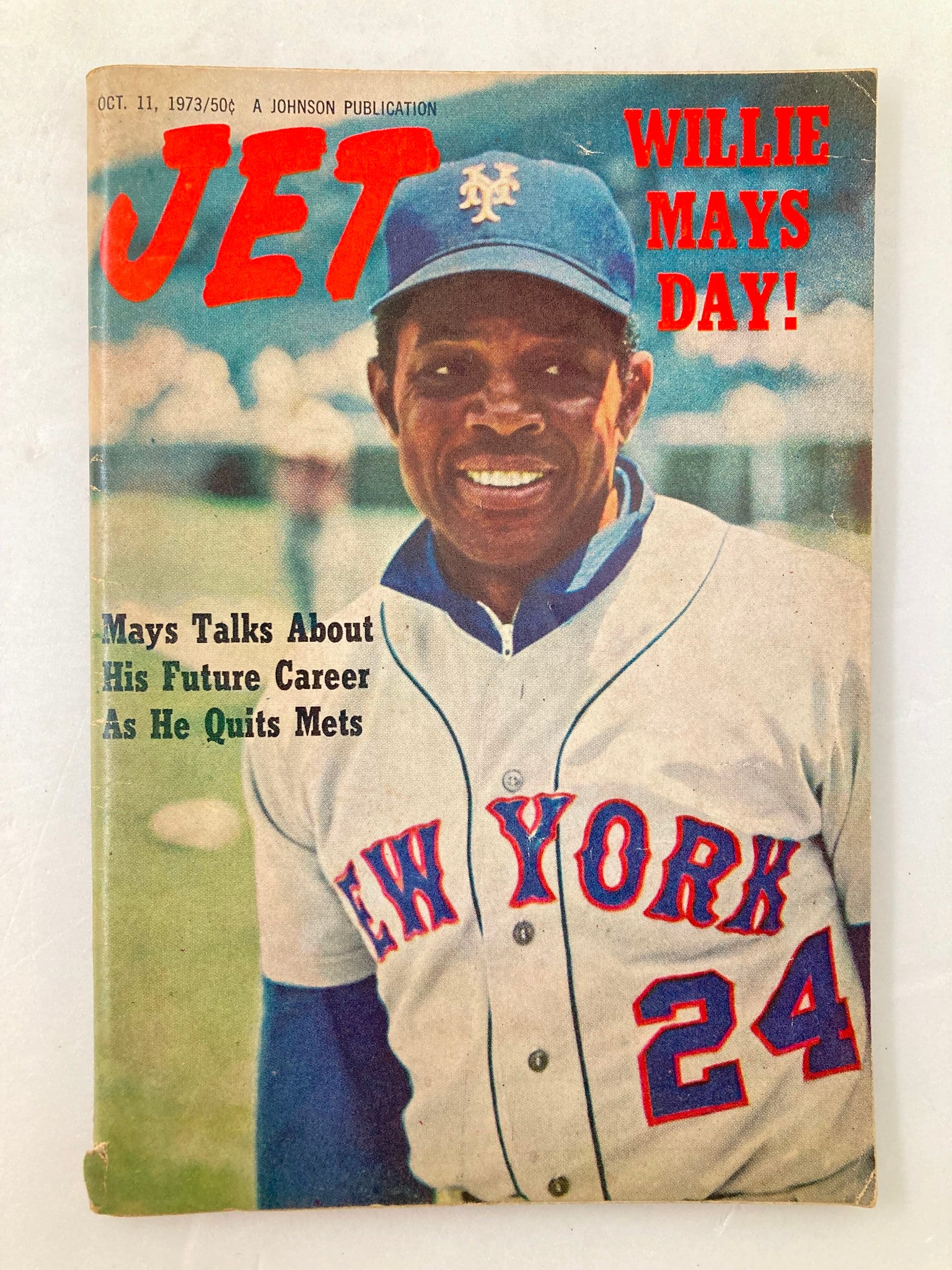 Cover of VTG Jet Magazine October 11 1973 Vol 45 #3 featuring Willie Mays with the headline 'Willie Mays Day!'. The cover highlights Mays in a baseball uniform smiling.
