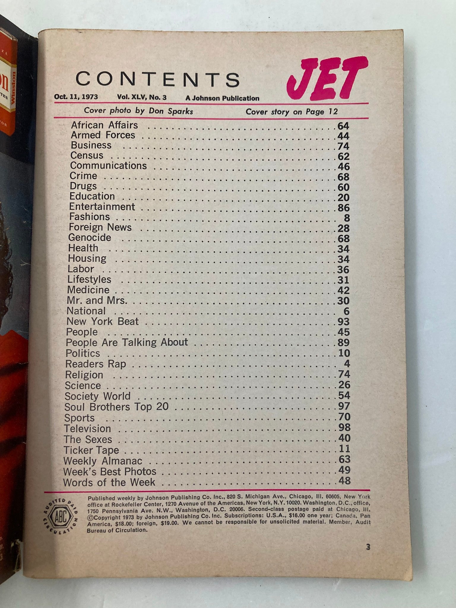 Table of contents page from VTG Jet Magazine October 11 1973 Vol 45 #3. Lists various sections including African Affairs, Sports, and Politics.