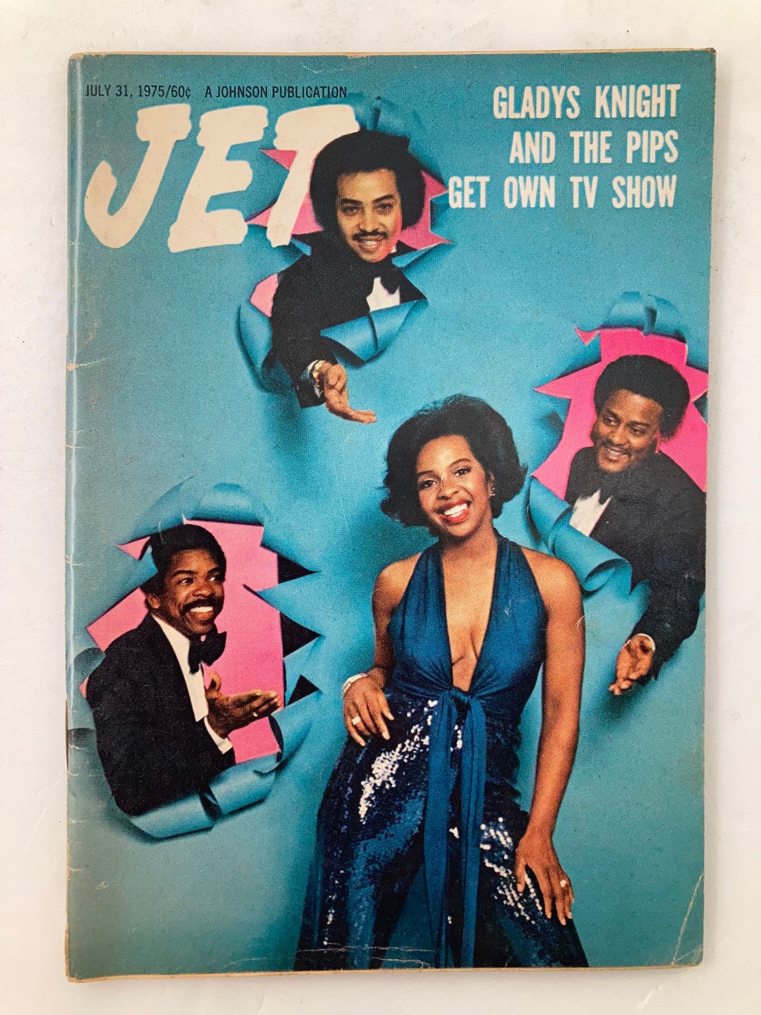 Cover of VTG Jet Magazine July 31 1975 Vol 48 #19 featuring Gladys Knight and the Pips, promoting their own TV show, with a vibrant blue background and eye-catching graphics.