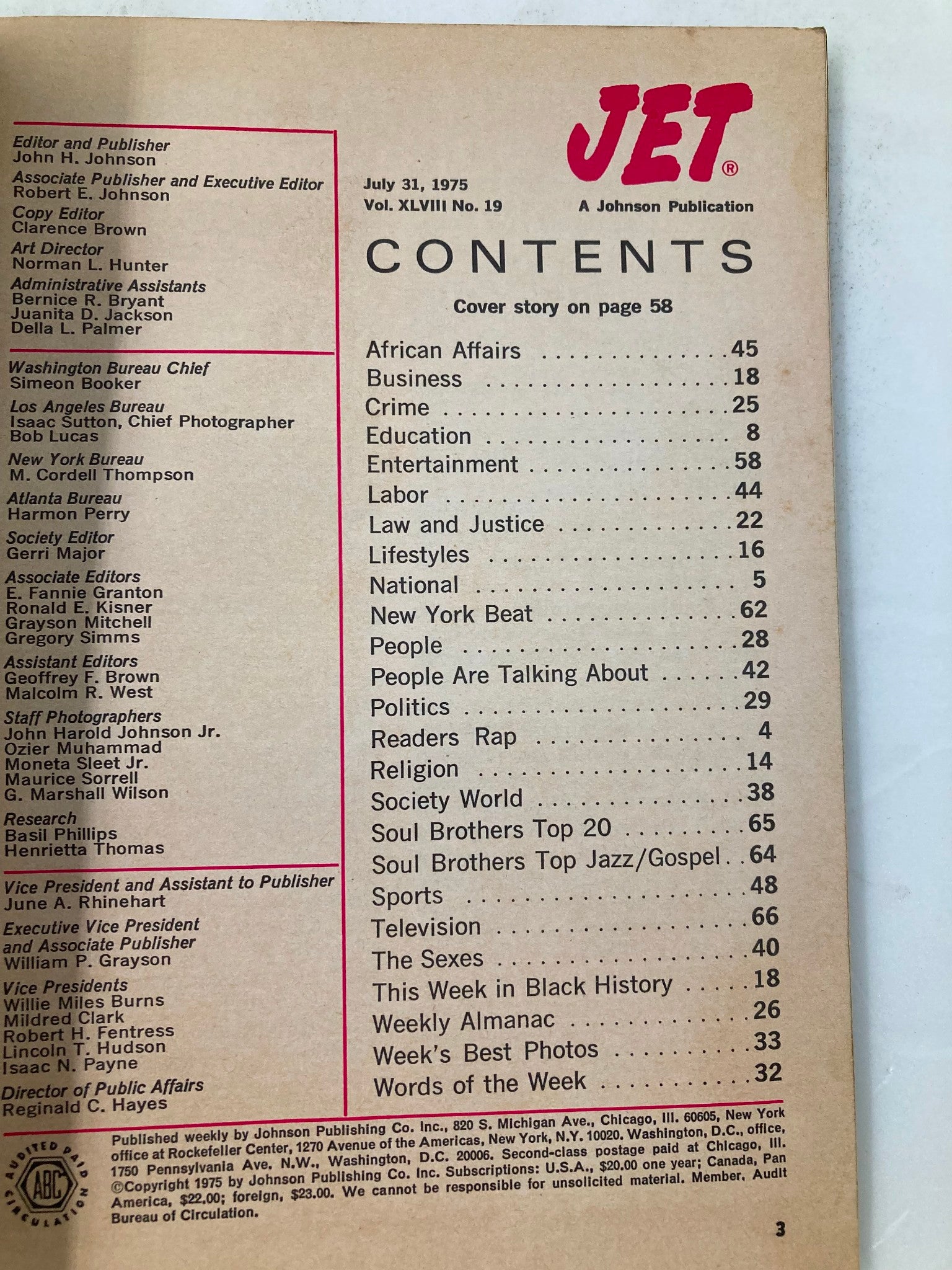Contents page of VTG Jet Magazine July 31 1975 Vol 48 #19, listing various articles including African Affairs, Business, and Entertainment topics.