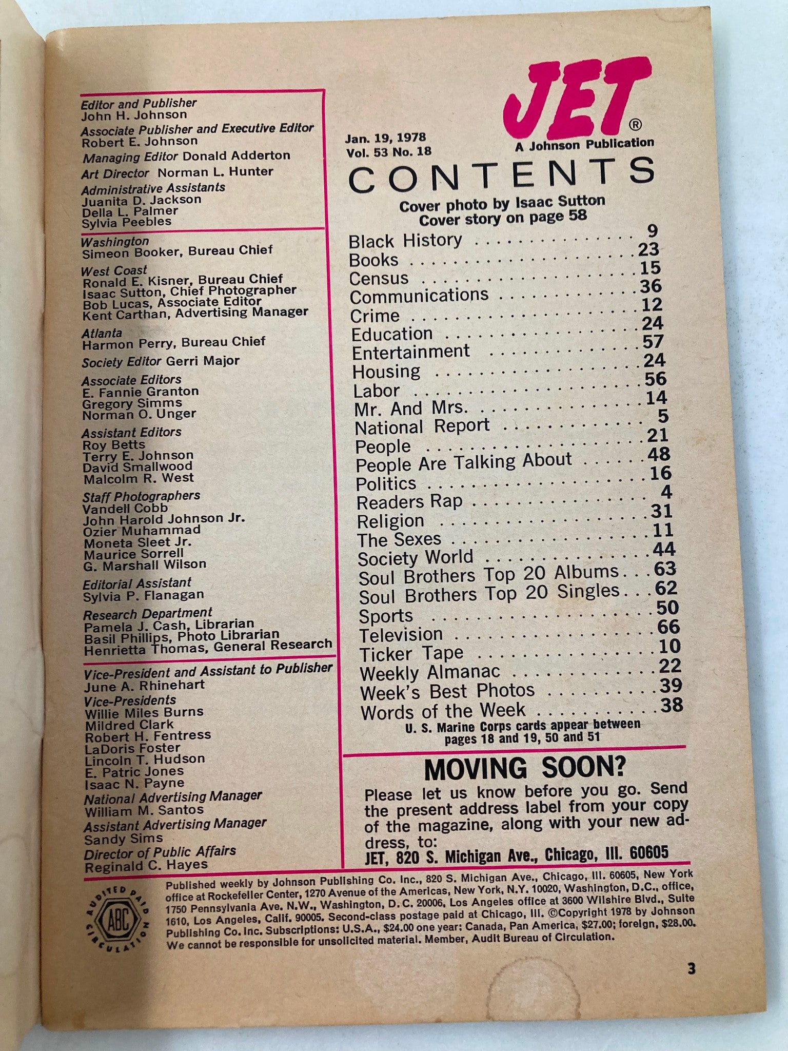 Contents page of VTG Jet Magazine January 19 1978 Vol 53 #18, includes articles on Black History, Education, and entertainment, published by Johnson Publishing Co.
