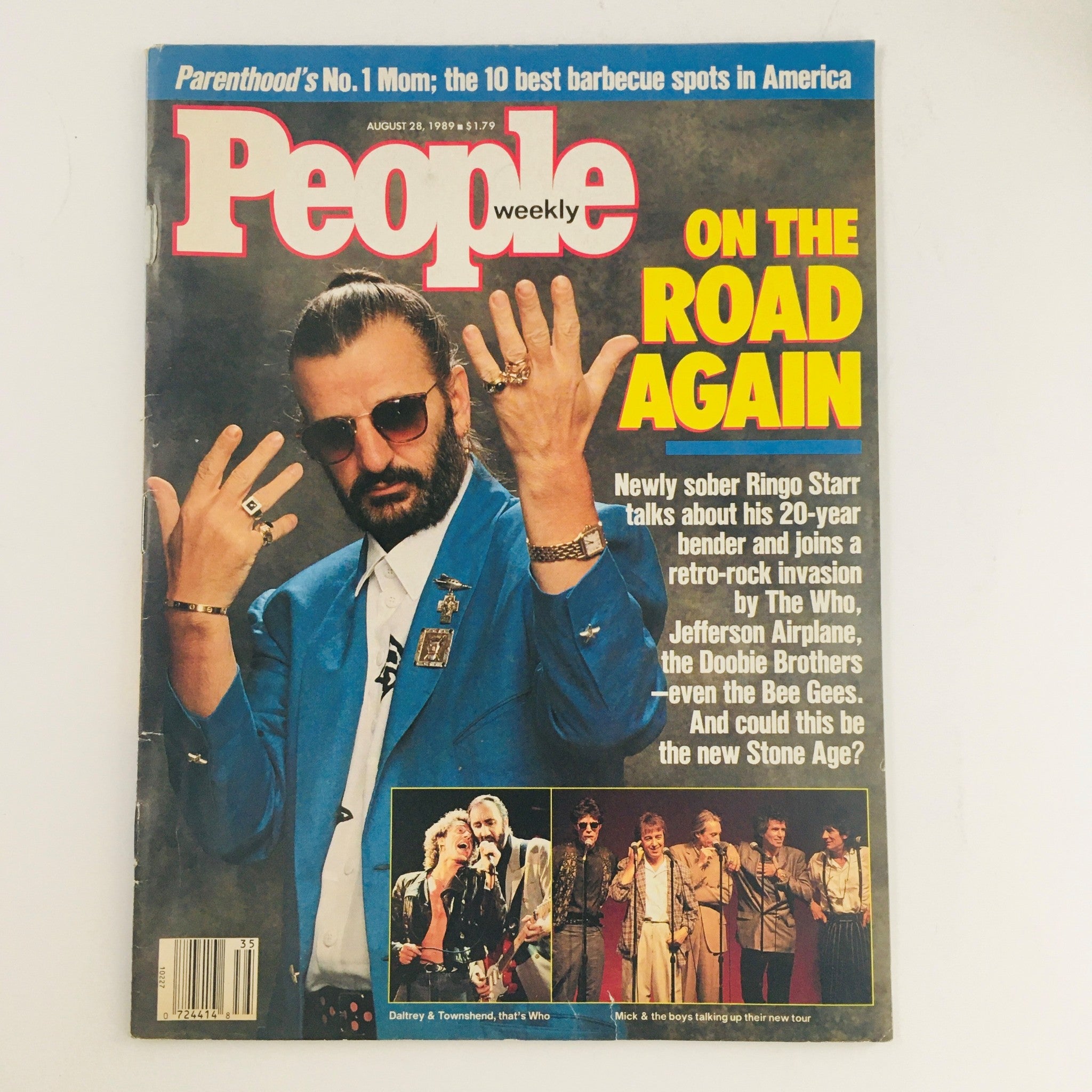 People Weekly Magazine cover from August 28, 1989 featuring Ringo Starr titled 'On The Road Again'. The cover showcases Ringo Starr in a blue suit with sunglasses, discussing his 20-year music journey, surrounded by images of other rock artists. A collectible piece highlighting the late 1980s rock scene.