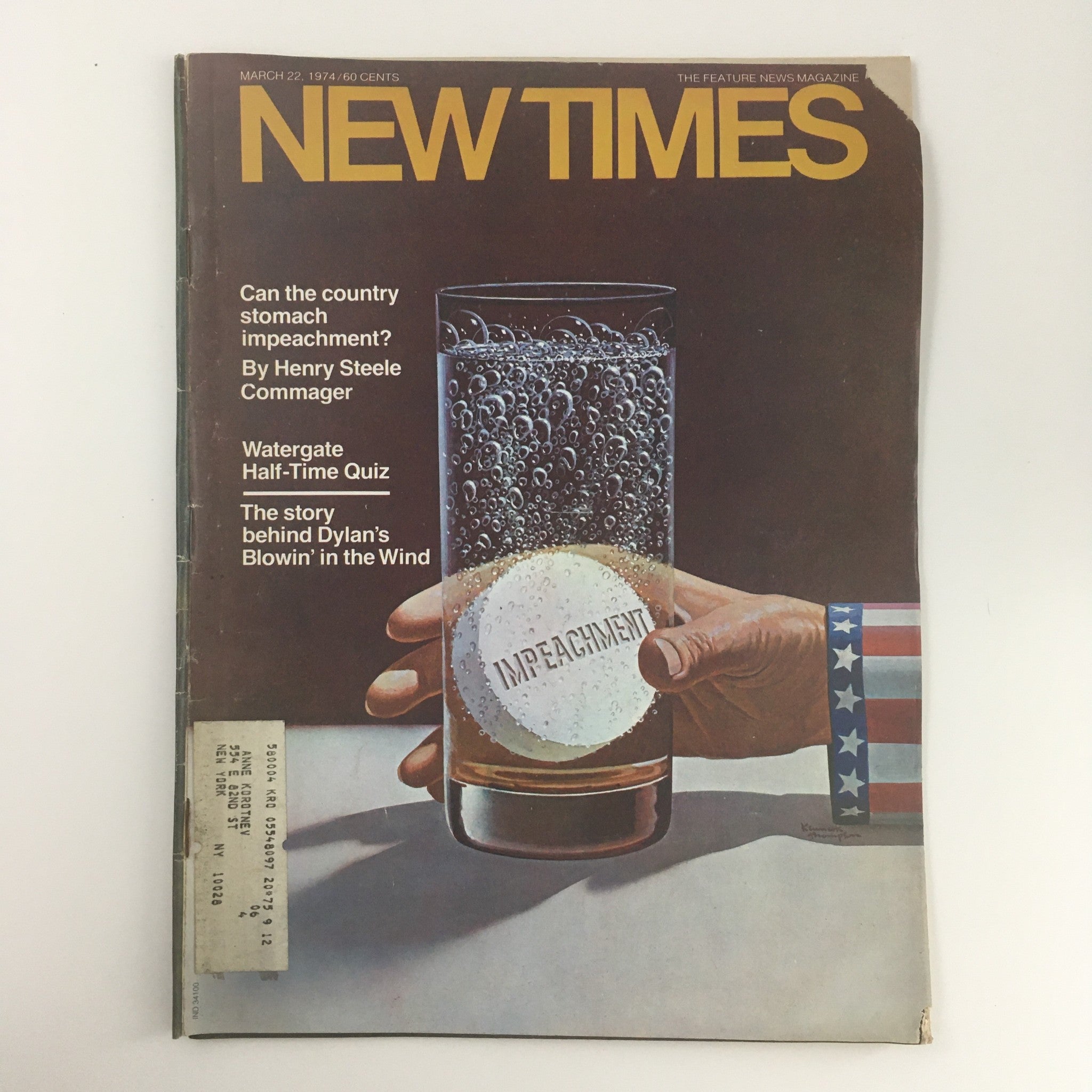 Cover of New Times Magazine March 22, 1974 featuring an artistic depiction showing a glass of beer and a hand holding a token labeled 'IMPEACHMENT', along with headlines discussing the Watergate scandal and impeachment quiz.