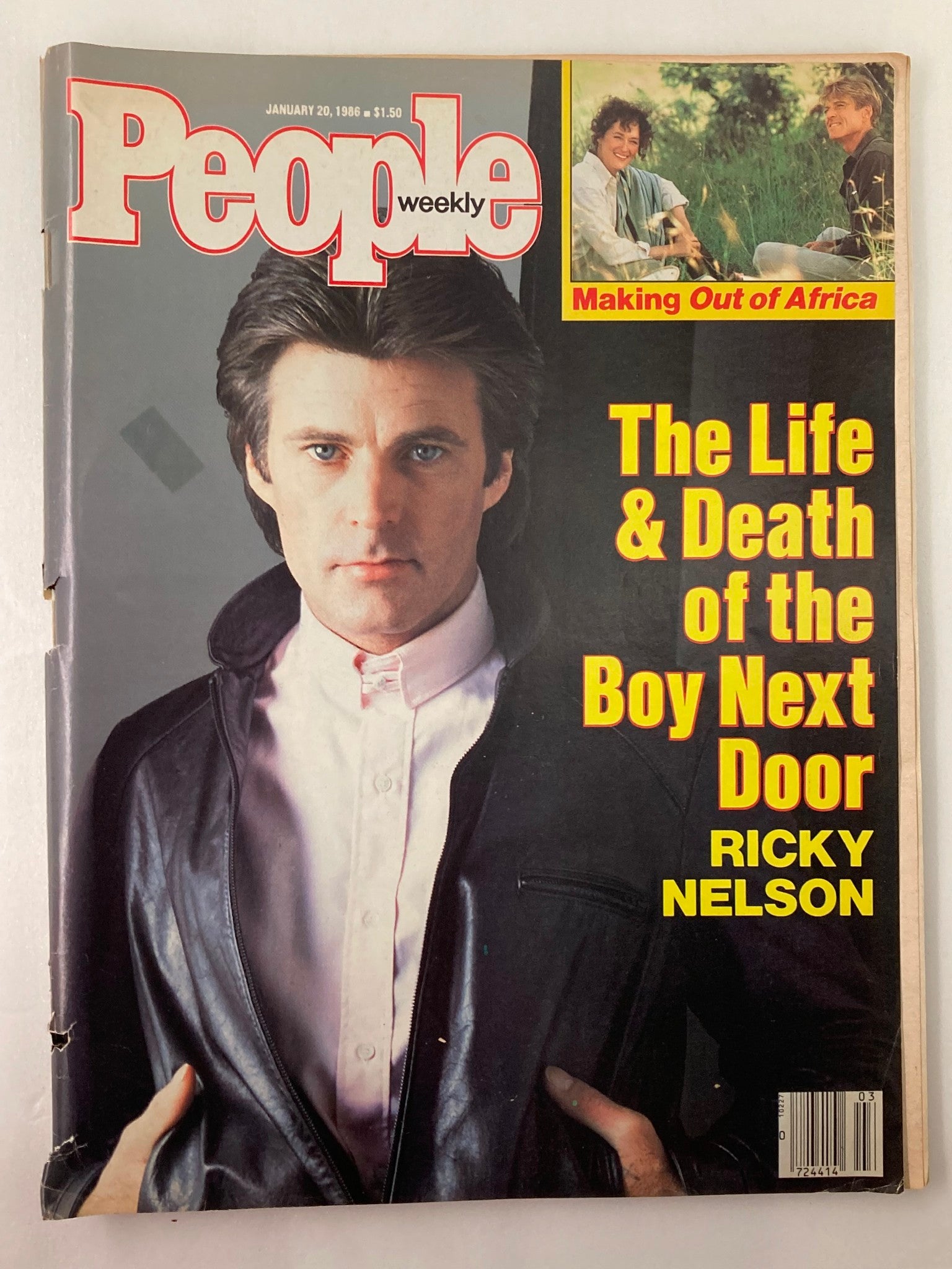 Cover of VTG People Weekly Magazine January 20, 1986 Vol 25 #3 featuring Ricky Nelson, presenting the headline 'The Life & Death of the Boy Next Door' alongside images related to 'Making Out of Africa'.