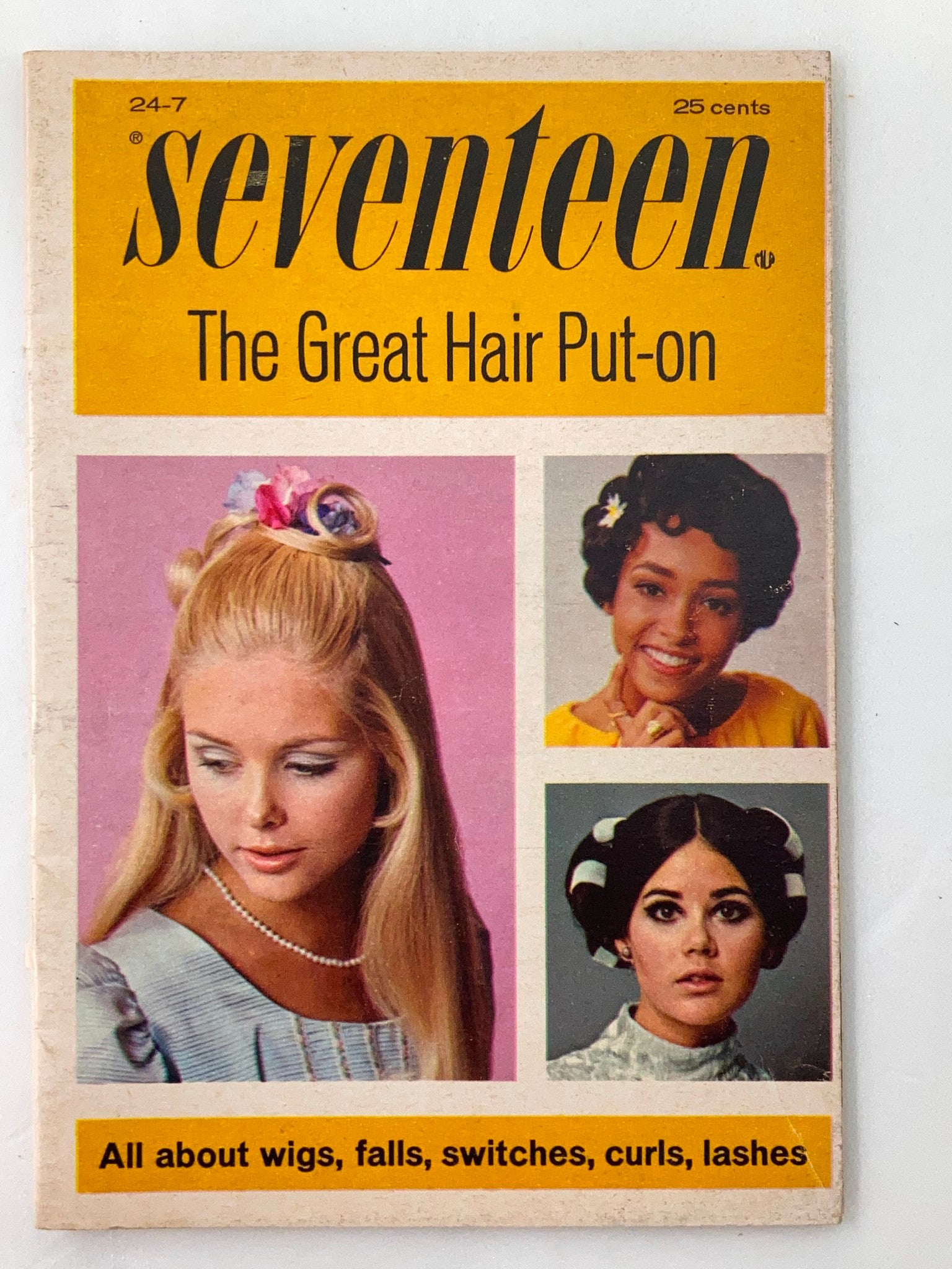 Vintage 1968 Seventeen Catalog titled 'The Great Hair Put-on' featuring a colorful cover showcasing various hairstyles with models wearing wigs, falls, and switches.