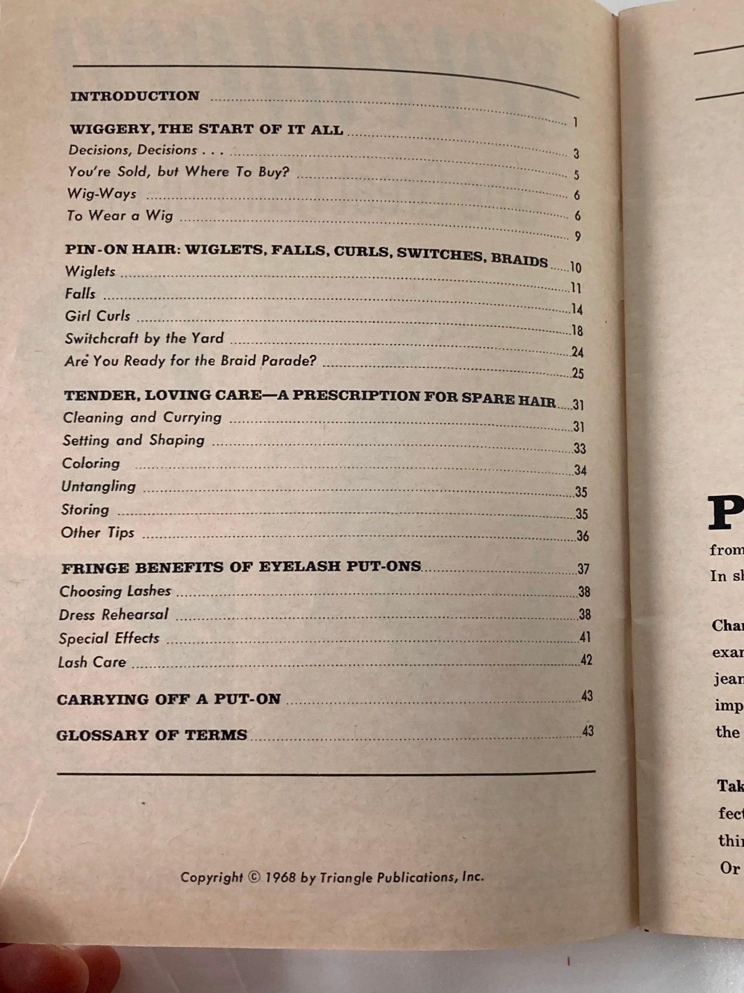 Interior page of the 1968 Seventeen Catalog 'The Great Hair Put-on' displaying the table of contents highlighting topics on wigs, falls, curls, and eyelash put-ons.