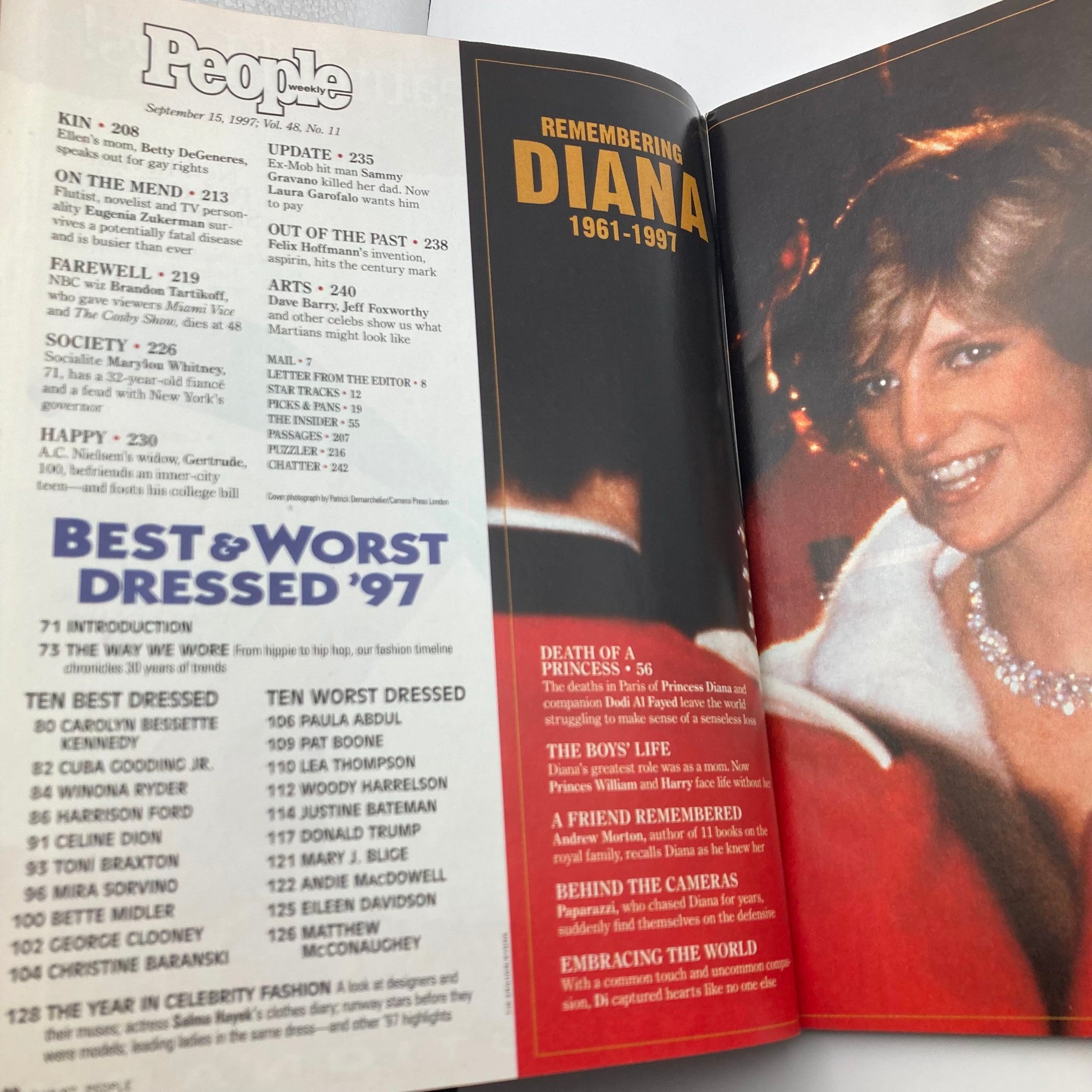 People Weekly Magazine September 15 1997 featuring coverage of the death of Princess Diana, including tributes and personal stories. Inside view showcasing the magazine's layout with chapter sections related to Diana's life and legacy.