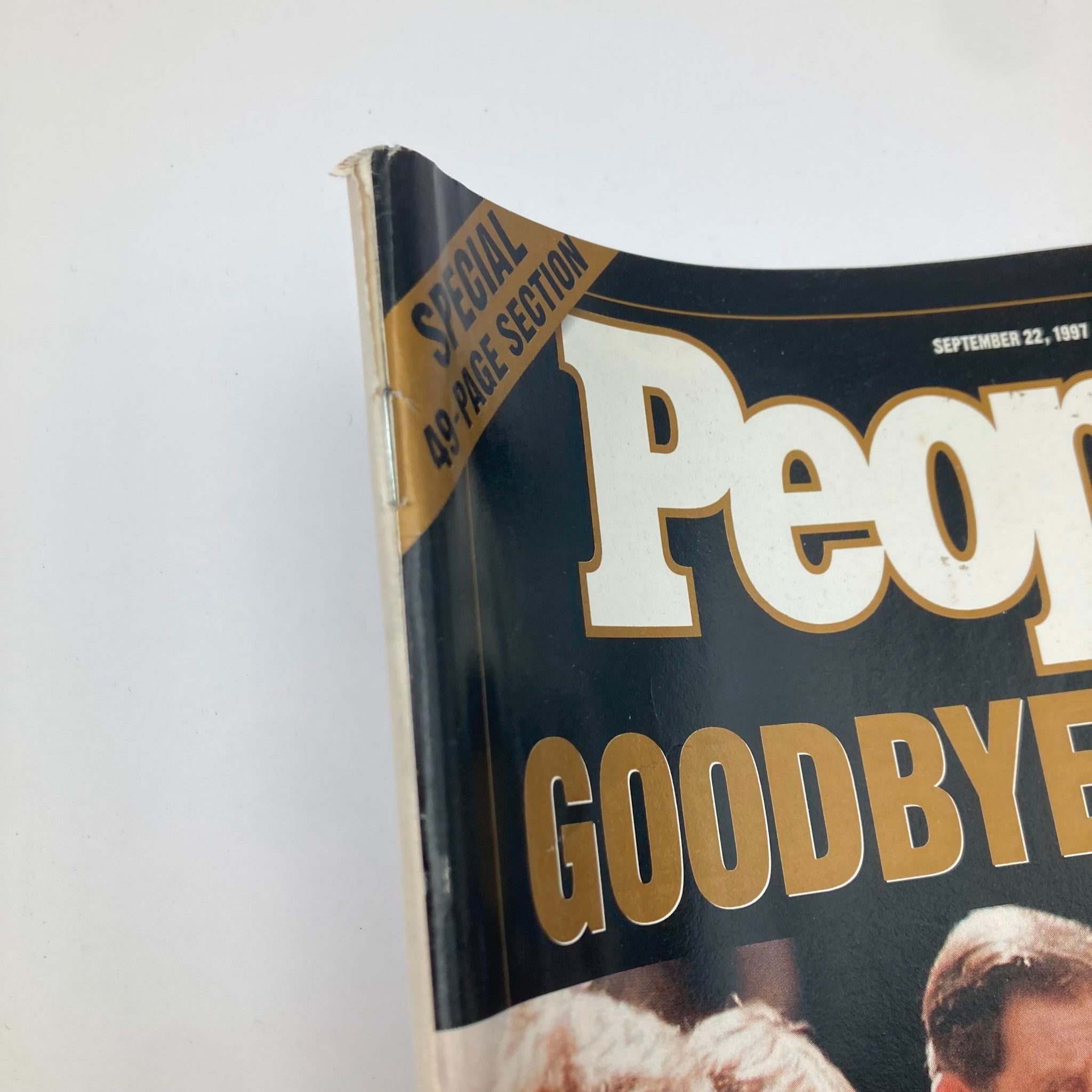 Close-up of the edge of the People Weekly Magazine from September 22, 1997, displaying the 'Special 49-Page Section' label and the title 'Goodbye, Diana' with visible signs of aging.