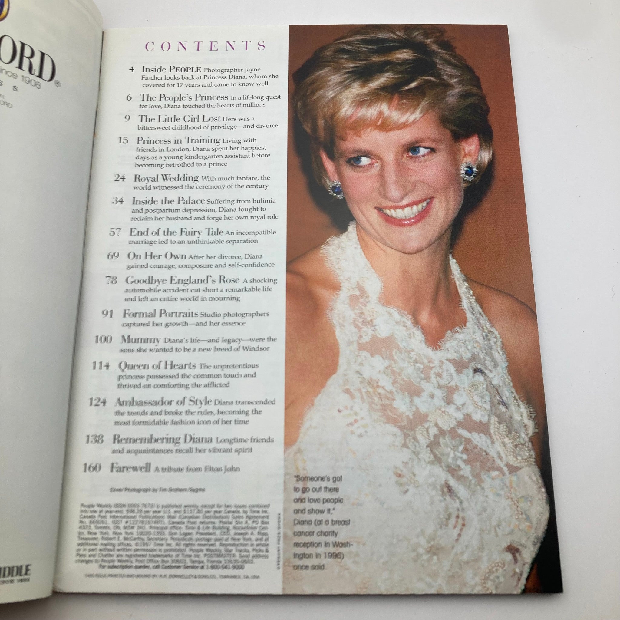 Inside content page of People Weekly Magazine Fall 1997 Tribute to Diana, Princess of Wales, outlining features and articles celebrating her life and legacy.