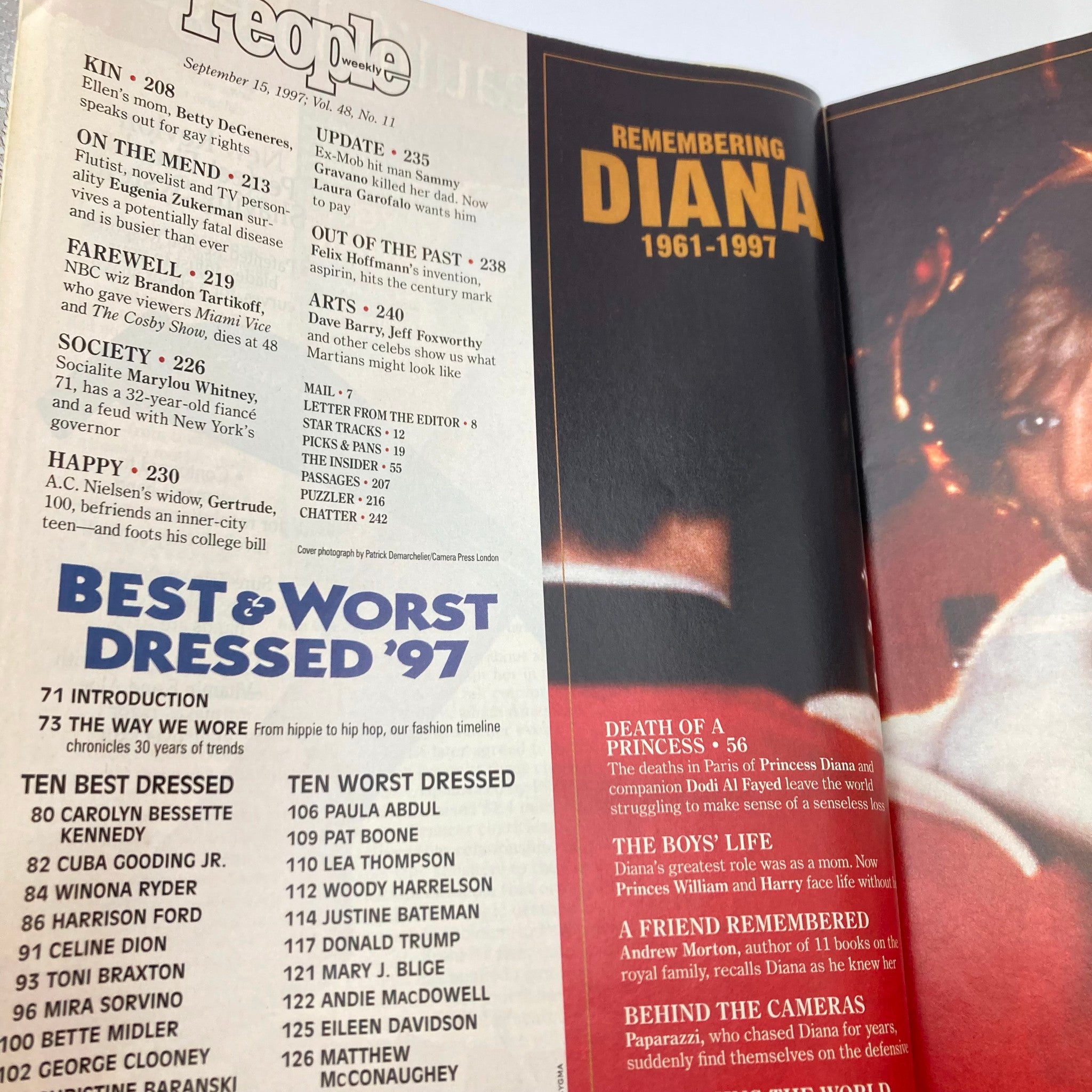 Interior page of People Weekly Magazine from September 15, 1997, featuring articles including 'Best & Worst Dressed' and 'Remembering Diana'.