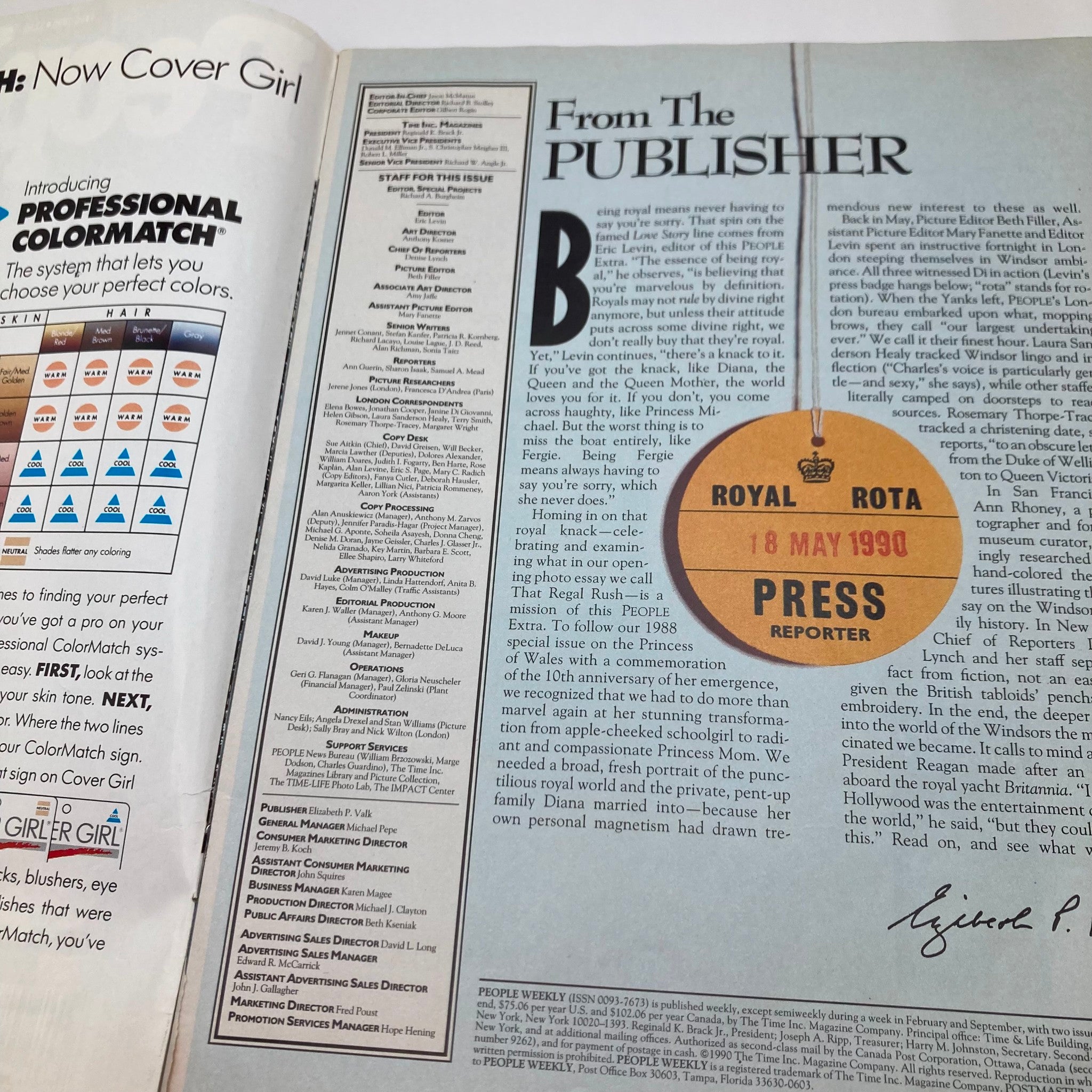 Inside page of People Weekly Magazine Fall 1990 'The Decade of Diana at House of Windsor', displaying a publisher's message and contributor details.