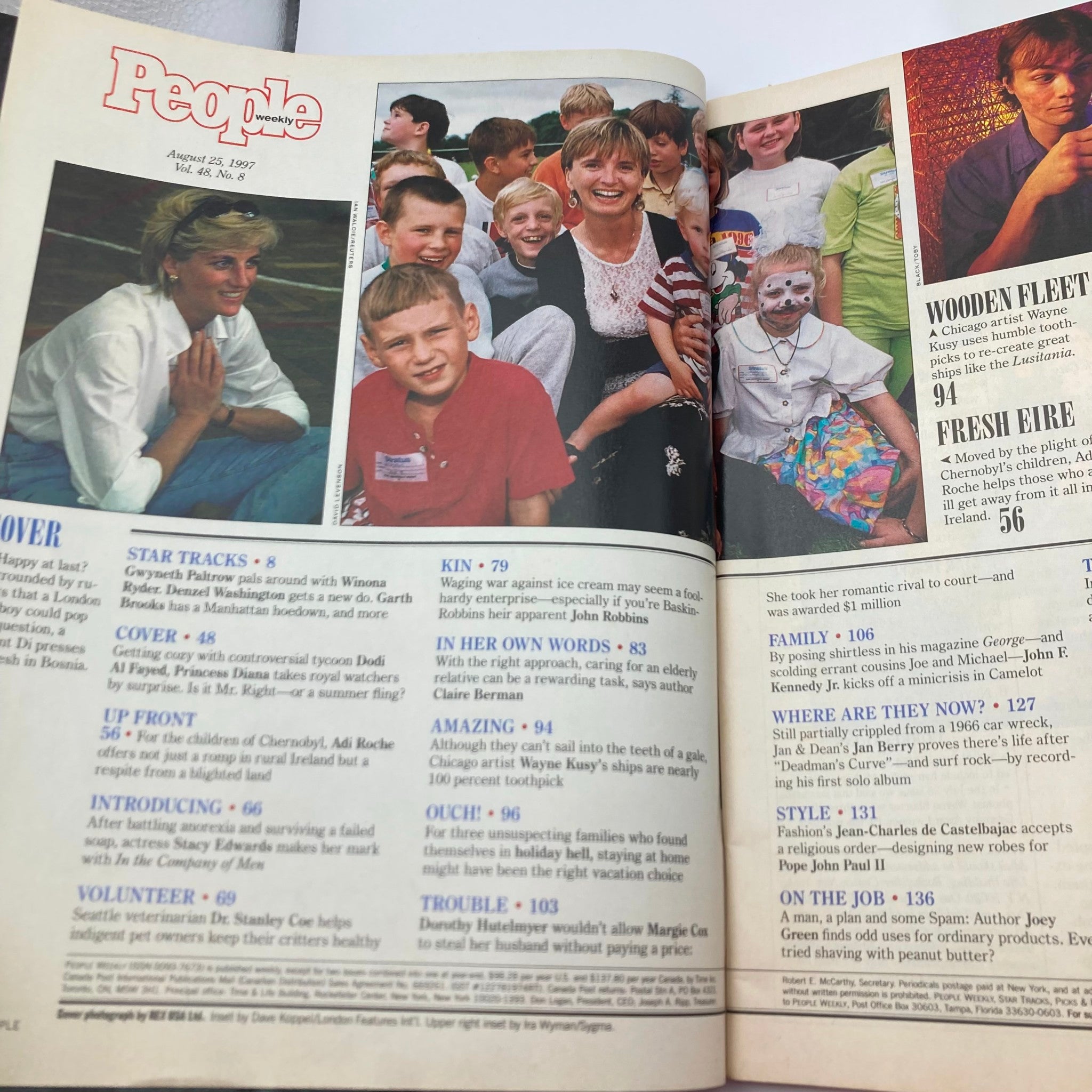 Inside spread of People Weekly Magazine August 25 1997 showcasing Princess Diana engaging with children, highlighting her charitable work. The magazine explores the lives of notable figures and events from that era.