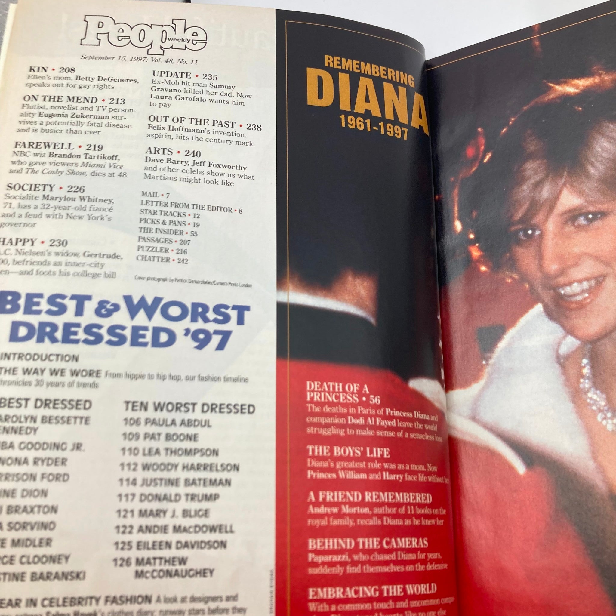 Inside cover of People Weekly Magazine September 15 1997 featuring the article 'Remembering Diana 1961-1997' and key highlights from the issue.
