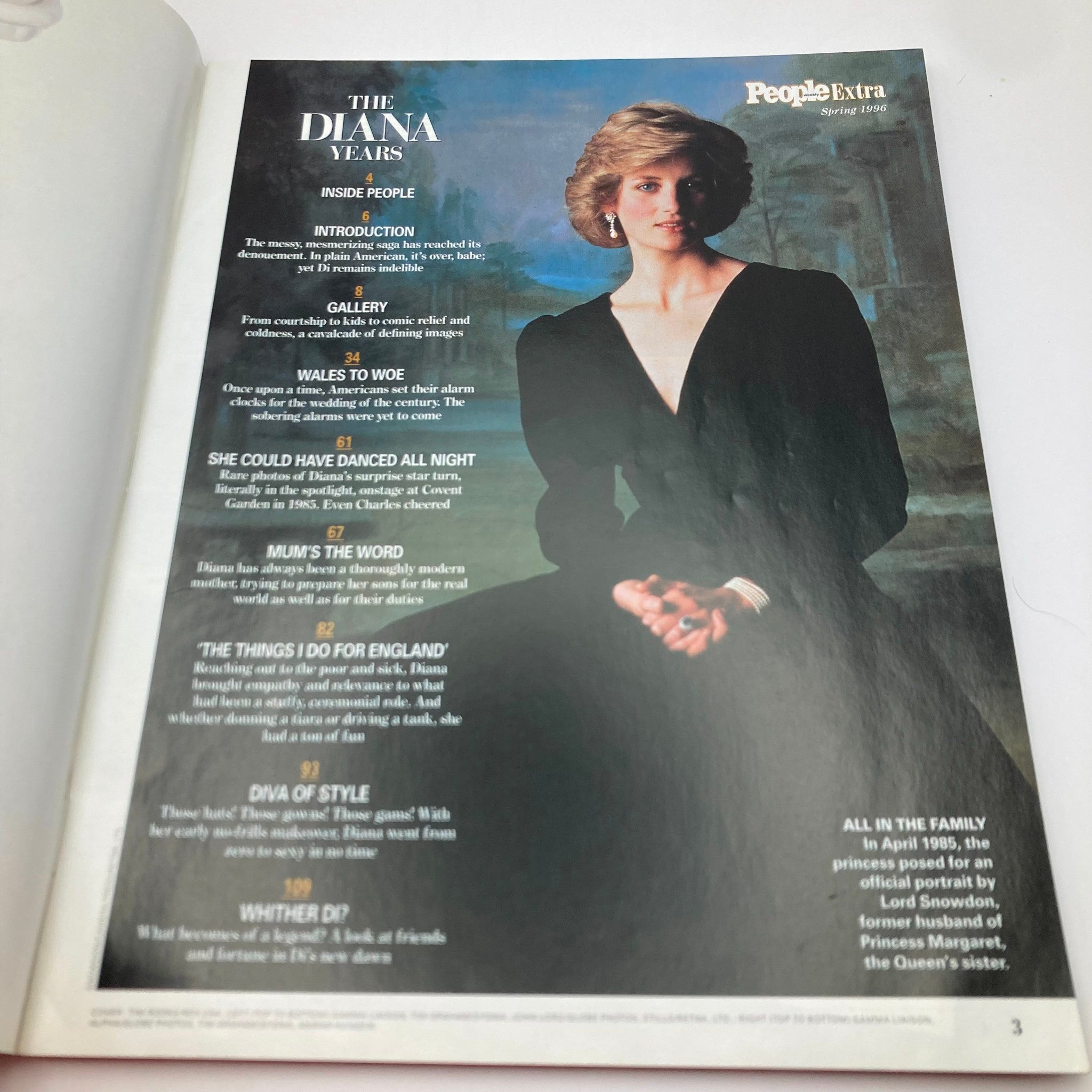 Interior page of People Weekly Magazine Spring 1996 The Diana Years Special Photo Issue, showcasing an introduction and article titles about Princess Diana's life, style, and humanitarian efforts.