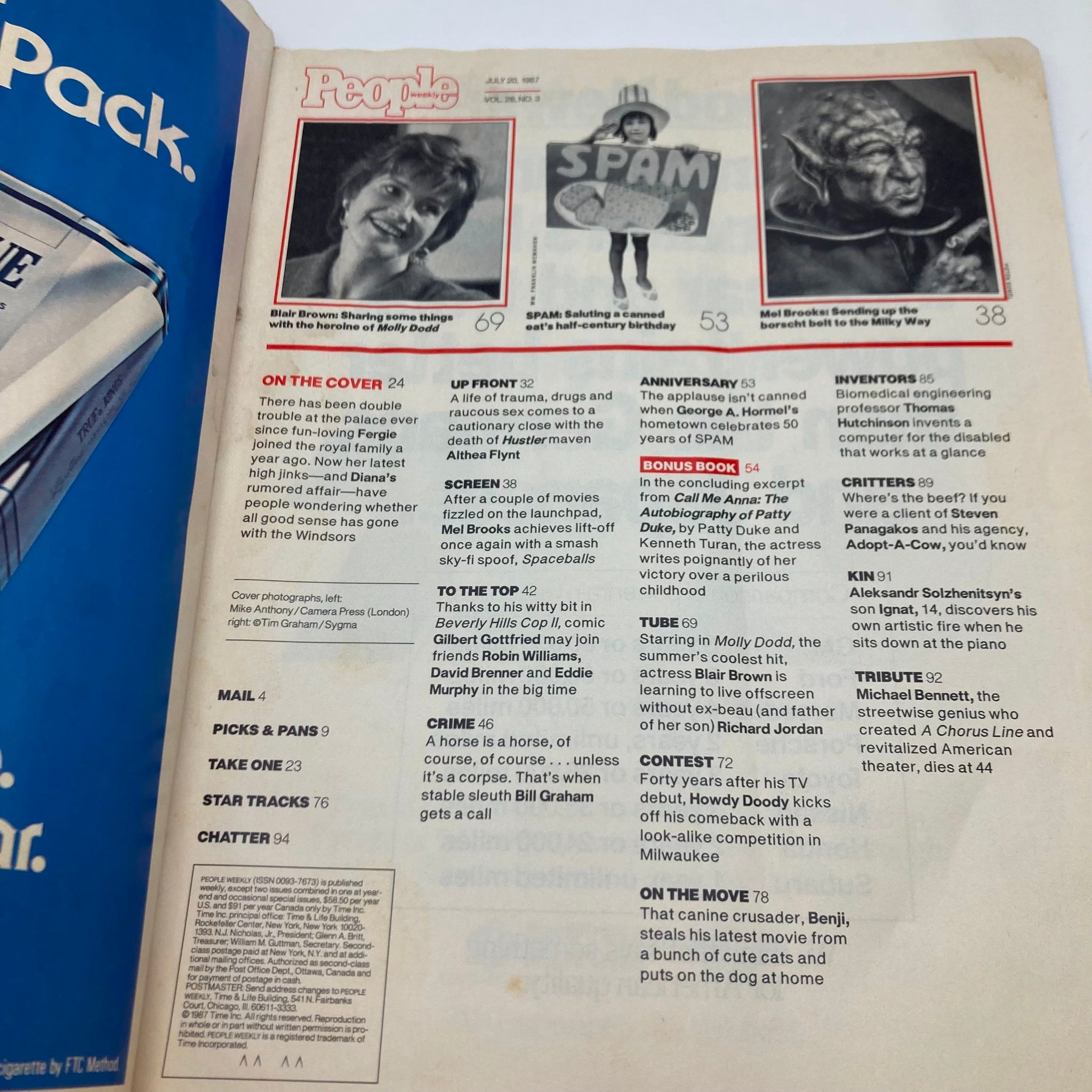 Inside page of the VTG People Weekly Magazine July 20 1987 featuring a table of contents and highlights including 'Blair Brown sharing some things with the heroine of Molly Dodd' and advertisements. This vintage magazine captures the essence of royal life and culture in the late 1980s.