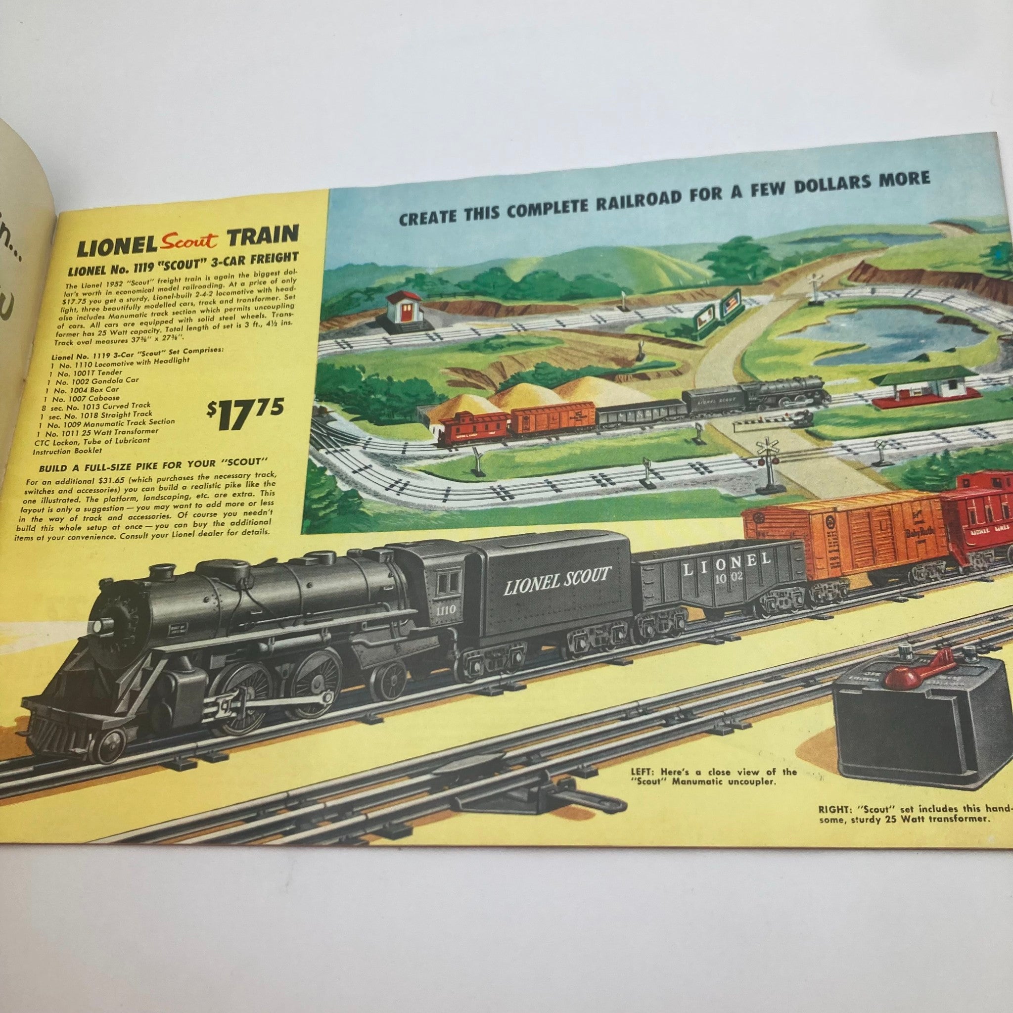 Interior page of the 1952 Lionel Model Railroad Train Scout 3-Car Freight Catalog displaying the Lionel Scout Train set with pricing and layout ideas.
