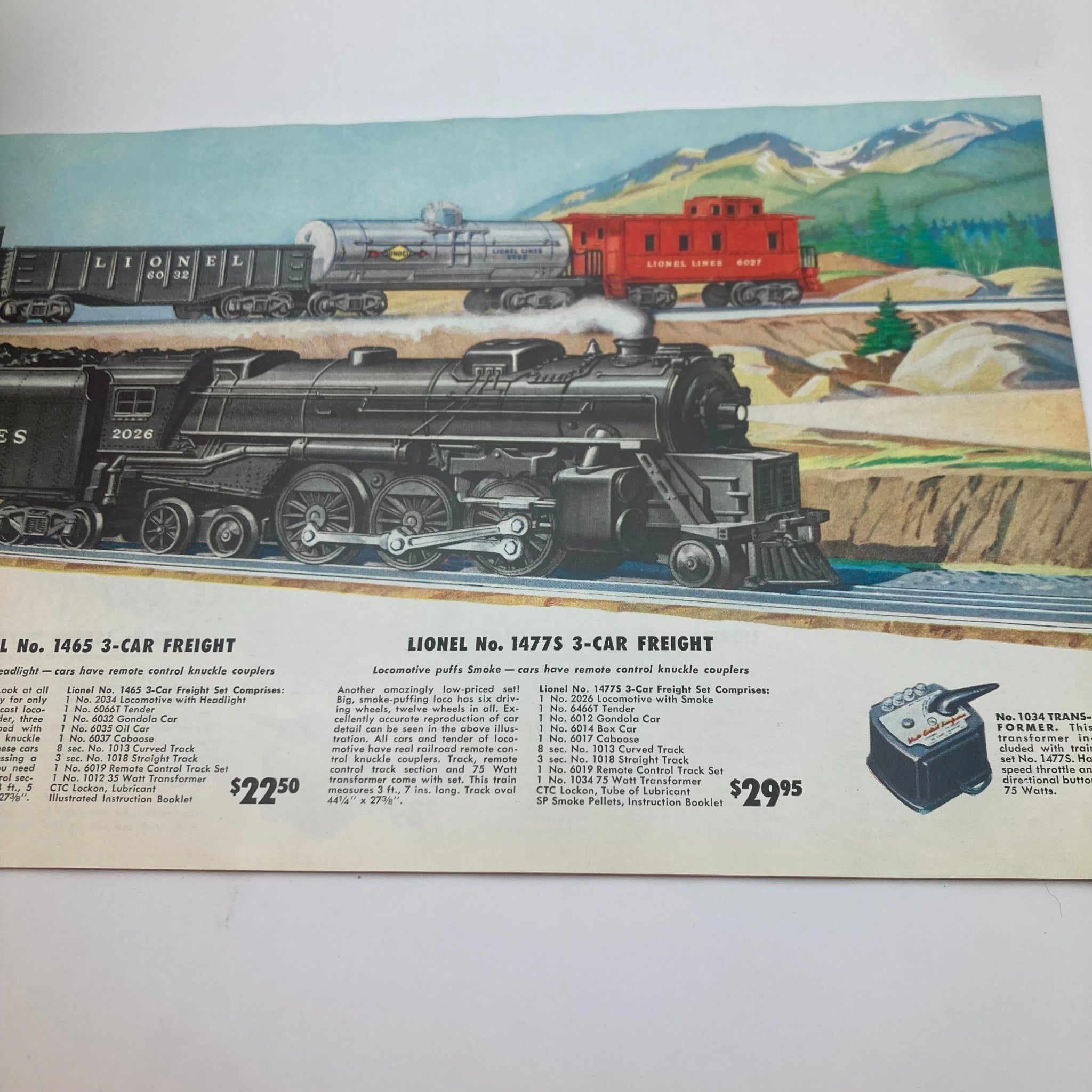 Close-up view of Lionel Scout Train details from the 1952 catalog, showcasing a steam locomotive and freight car with pricing information.
