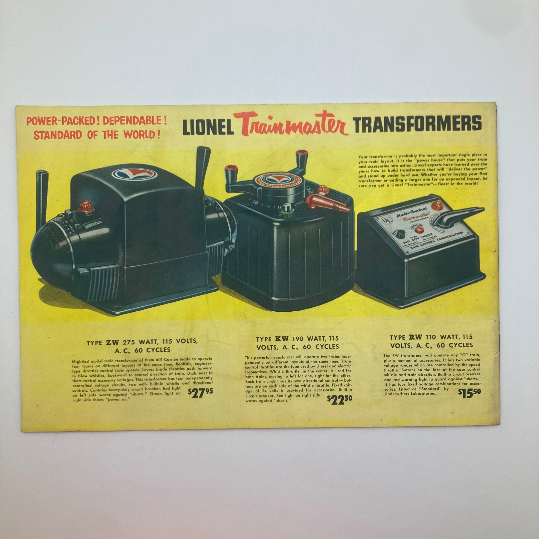 1952 Lionel Model Railroad Train Scout 3-Car Freight Catalog featuring Lionel Trainmaster Transformers with pricing details for Type ZW and Type RW transformers, showcasing vibrant vintage graphics.