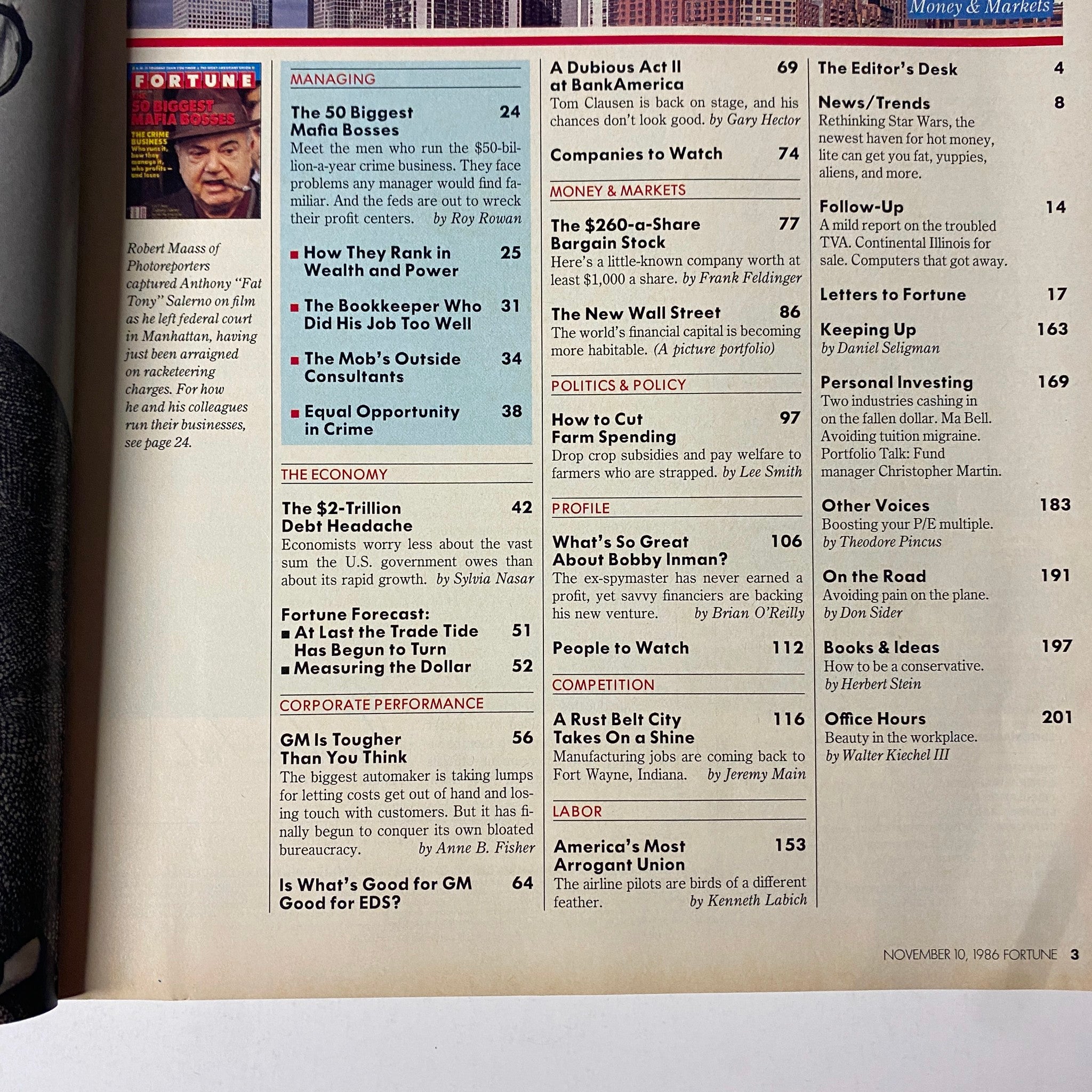 Table of contents from Fortune Magazine, November 10, 1986, highlighting articles related to Mafia bosses and organized crime.