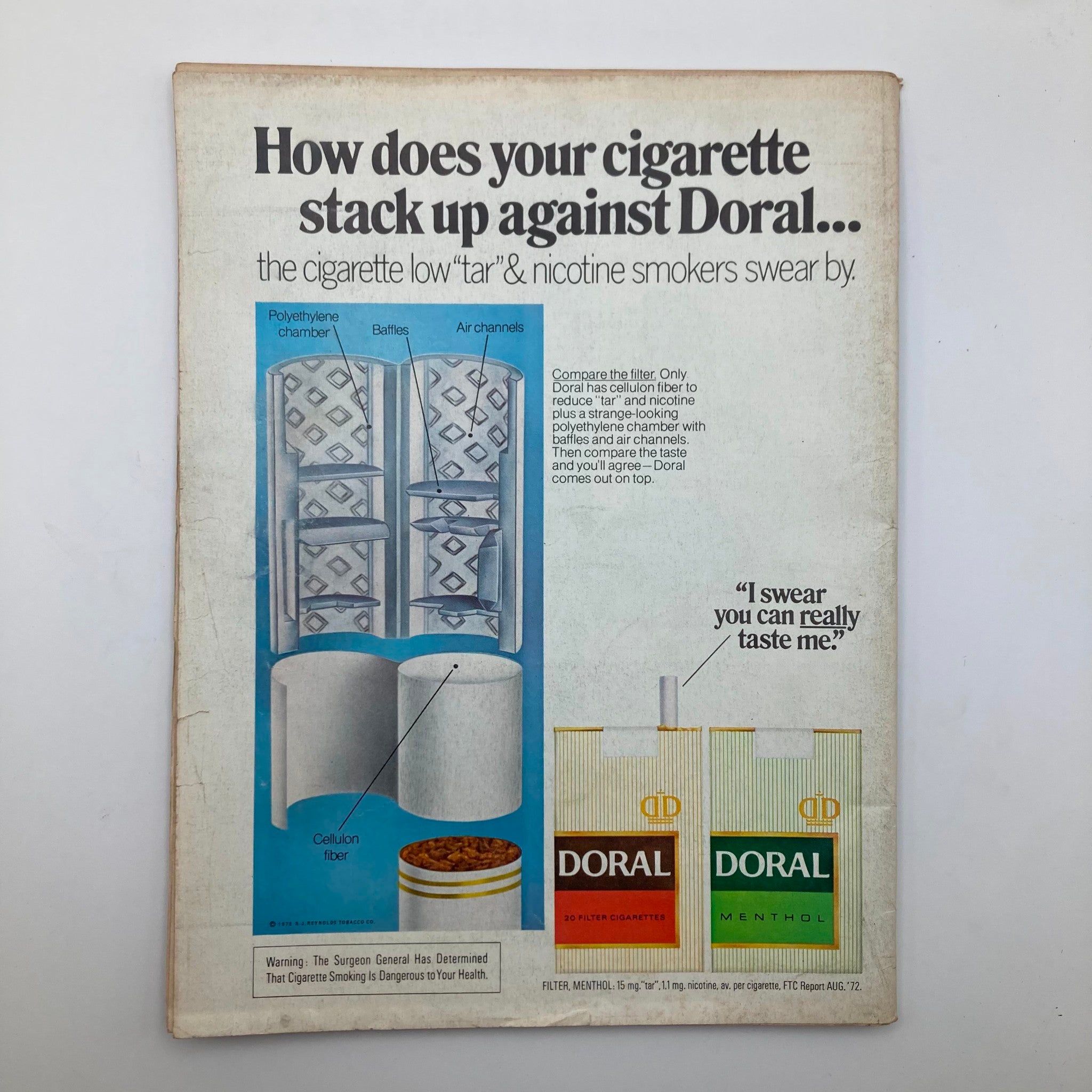 Advertisement for Doral cigarettes from VTG Newsweek Magazine December 11 1972, showcasing cigarette filter technology and marketing.