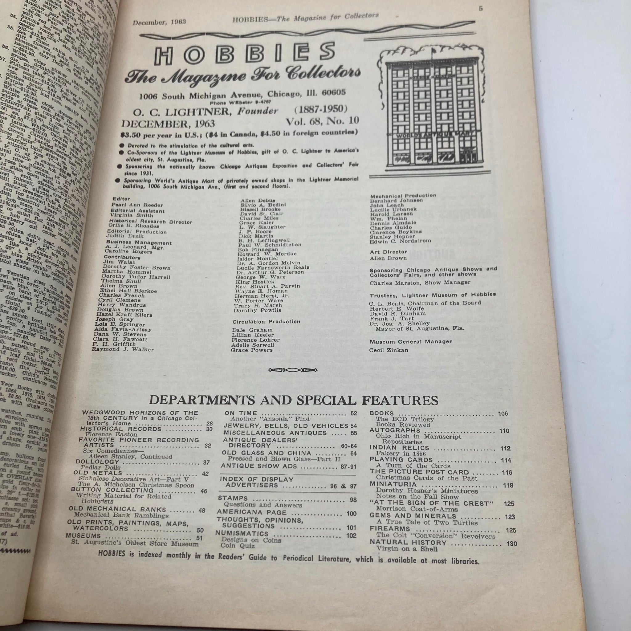 Inside page of VTG Hobbies Magazine December 1963 showing the table of contents and departments for collectors, Vol 68 No. 10.