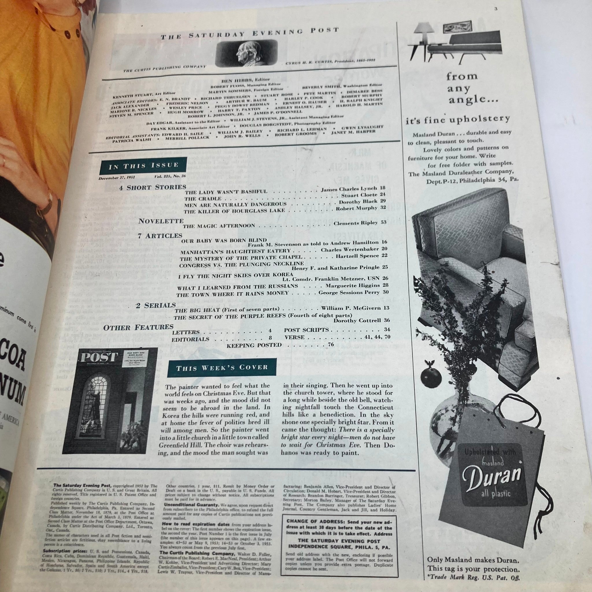 Interior page of the Saturday Evening Post Magazine December 27, 1952, listing articles and stories including 'Our Baby Was Born Blind'.