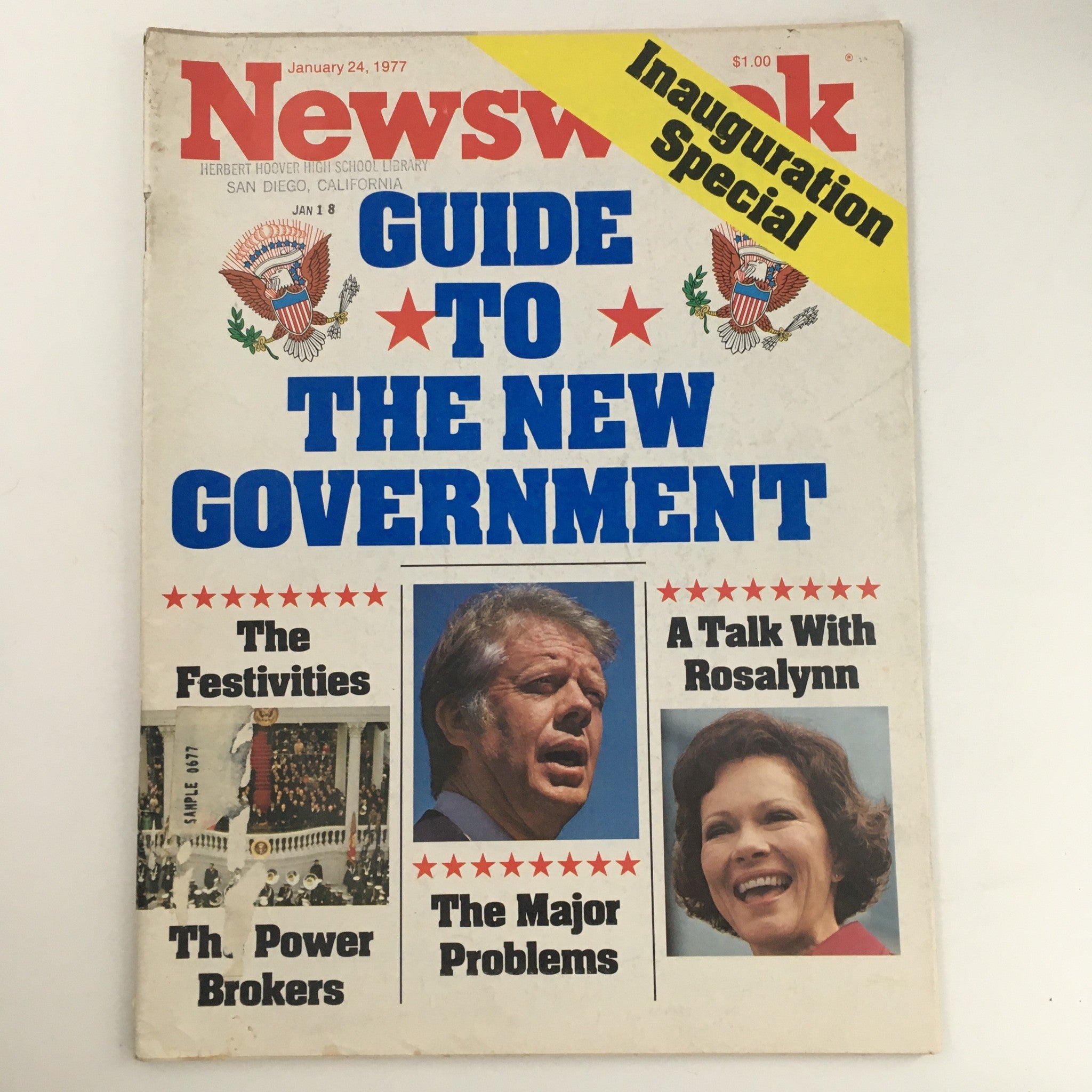 Cover of Newsweek Magazine January 24, 1977, featuring a bold title 'Guide to the New Government' with images of Jimmy Carter and Rosalynn Carter, highlighting significant articles and topics from their early administration.