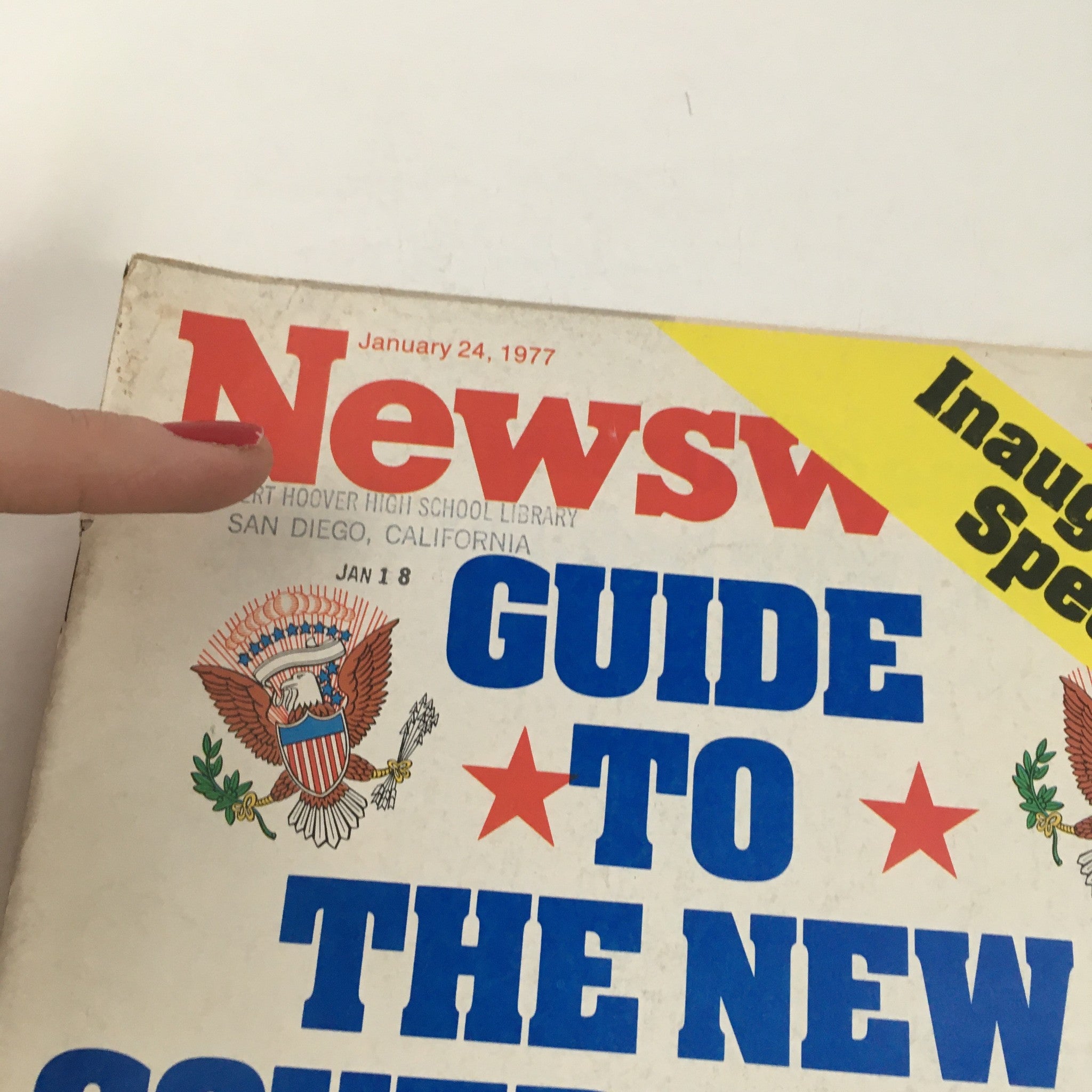 Close-up of the Newsweek Magazine January 24, 1977 cover, emphasizing the title 'Guide to the New Government' and the 'Inauguration Special' banner, capturing details of its historical significance.