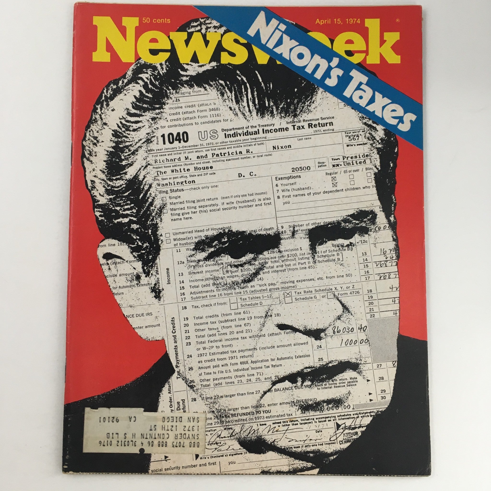 Cover of Newsweek Magazine dated April 15, 1974, featuring an image of President Richard Nixon alongside his tax return, highlighting the title 'Nixon's Taxes'.