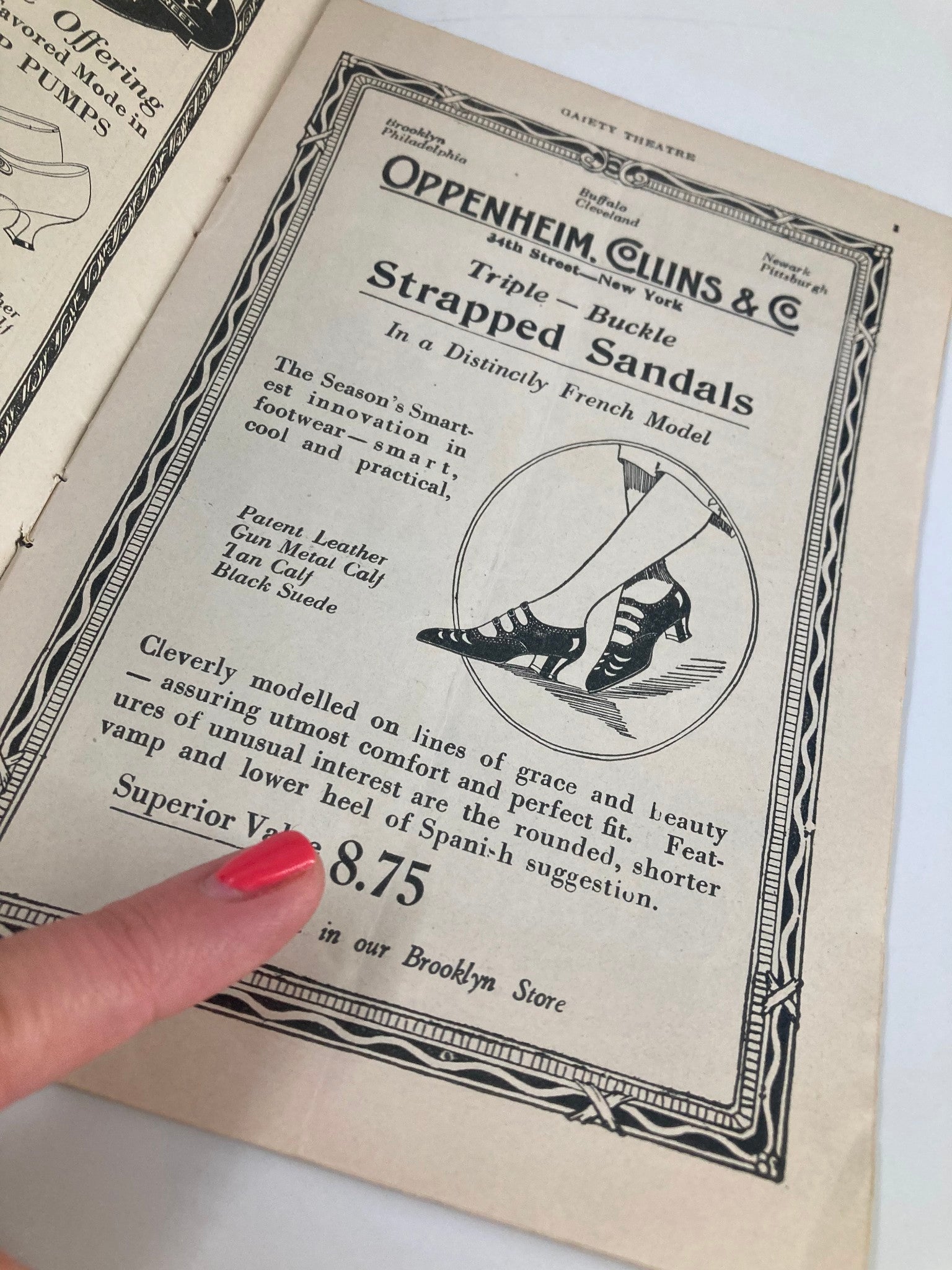 Interior page of the 1921 Gaiety Theatre Playbill featuring an advertisement for Oppenheim, Collins & Co.'s Strapped Sandals, associated with John Golden Presents Frank Bacon in Lightnin'.