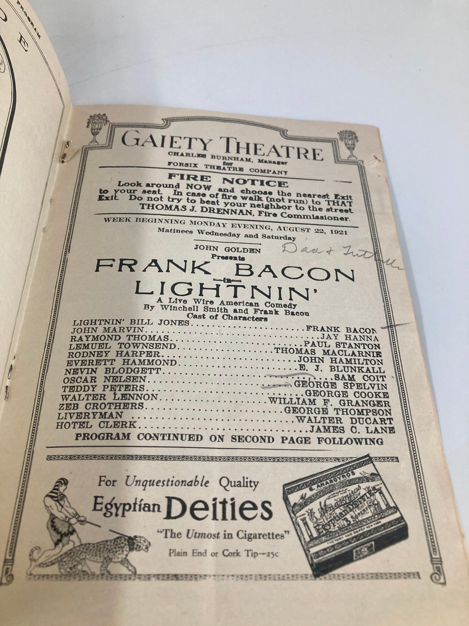 Page of the 1921 Gaiety Theatre Playbill detailing the cast and characters in John Golden Presents Frank Bacon in Lightnin', highlighting the historical context.
