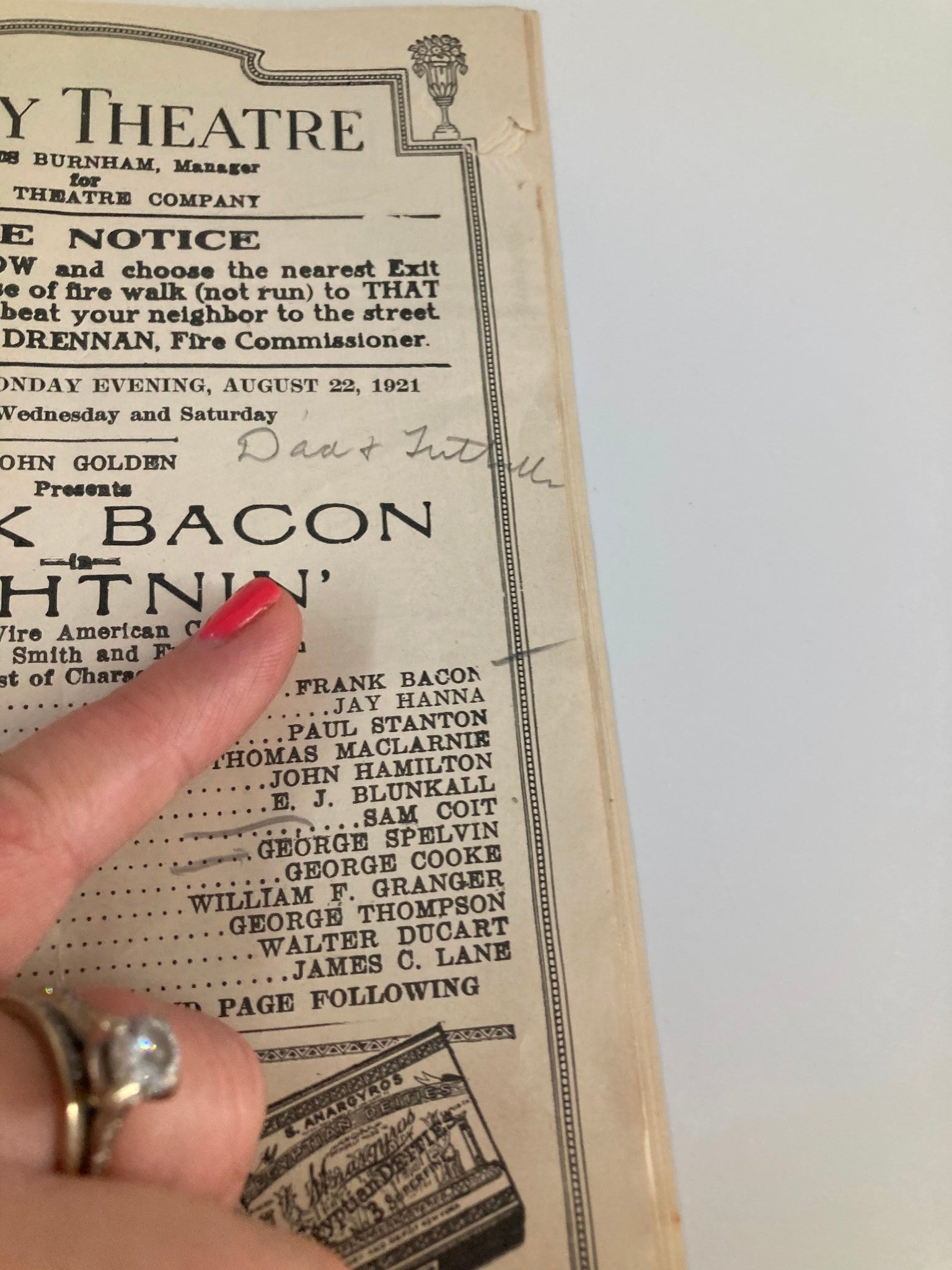 Another page of the 1921 Gaiety Theatre Playbill, showing the original cast listing for John Golden Presents Frank Bacon in Lightnin' and handwritten notes.