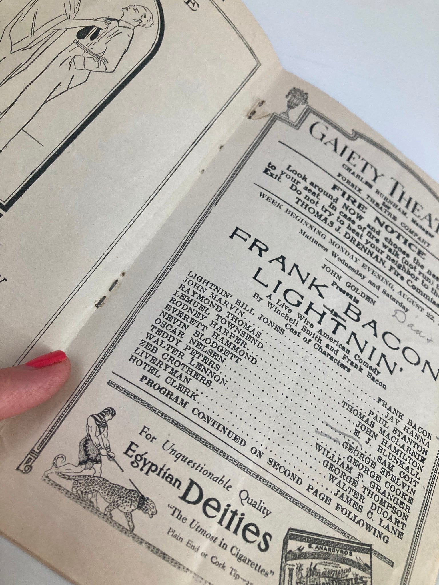 Close-up view of the 1921 Gaiety Theatre Playbill detailing the production of Frank Bacon in Lightnin', with artistic graphics and cast listings.