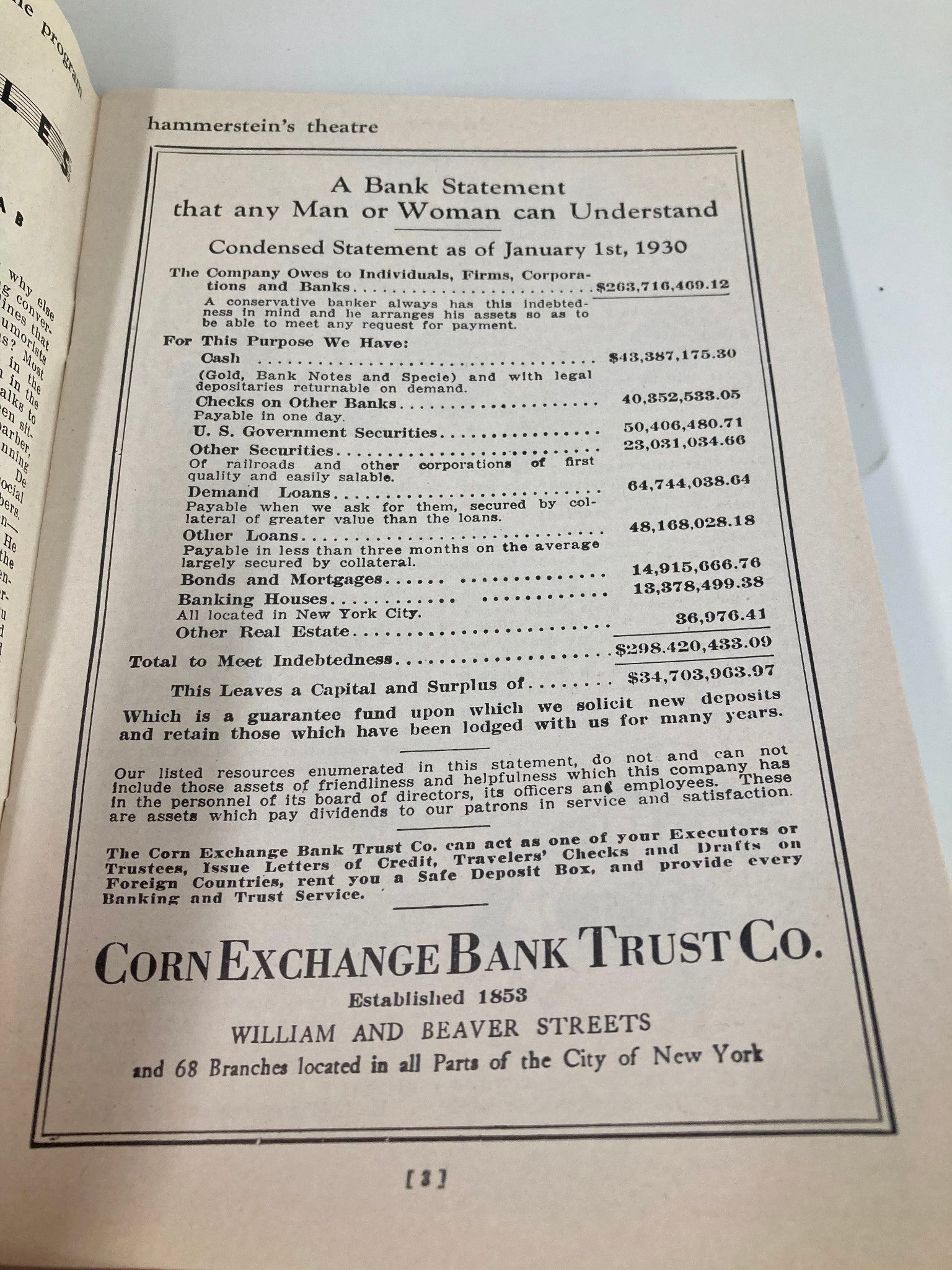 January 1, 1930 bank statement from Corn Exchange Bank Trust Co., part of the 1921 Gaiety Theatre Playbill featuring Frank Bacon in Lightnin'.