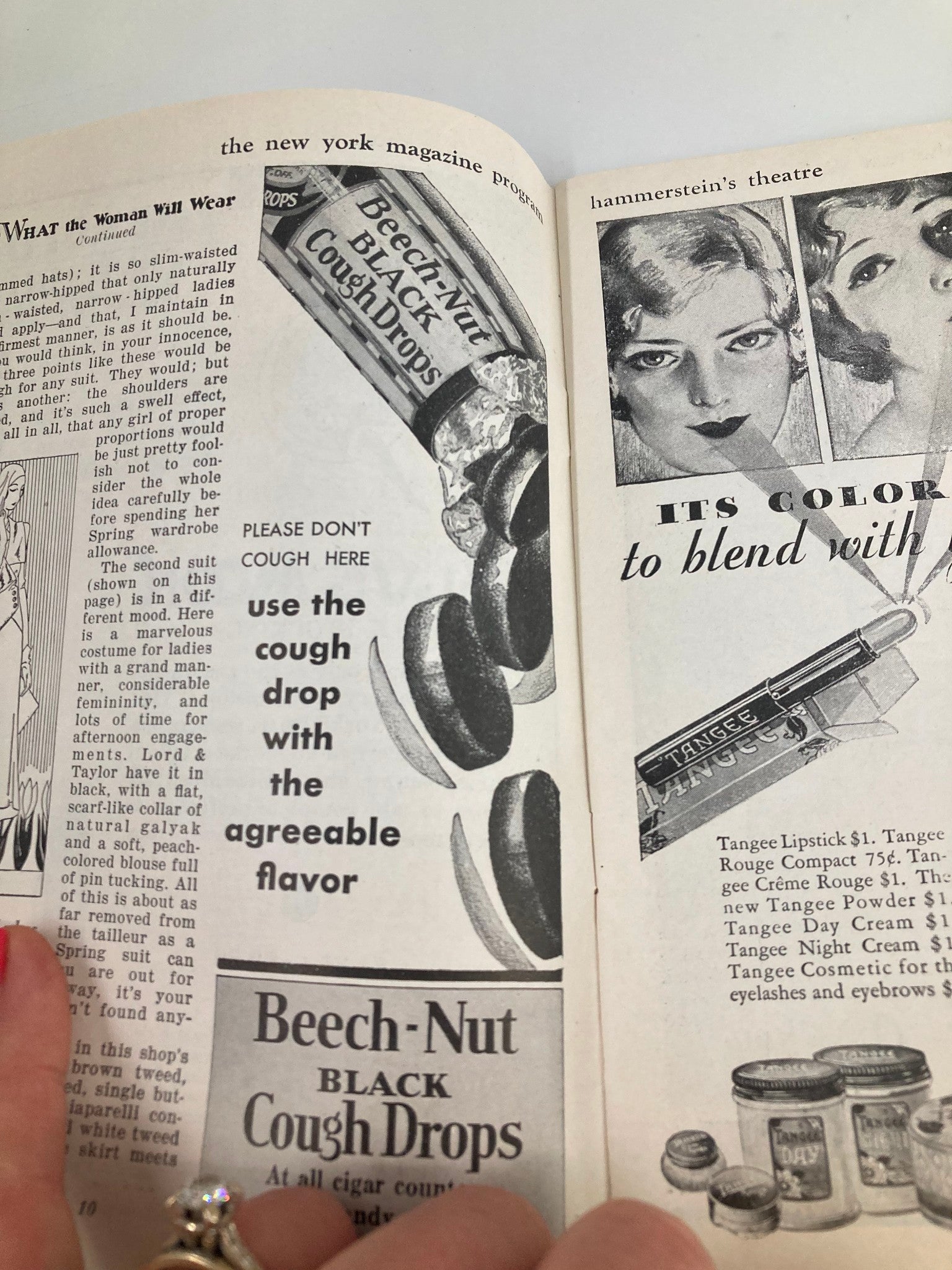 Vintage advertisement featuring Beech-Nut Black Cough Drops and Tangee cosmetics from an original magazine, showcasing the era's promotional style.