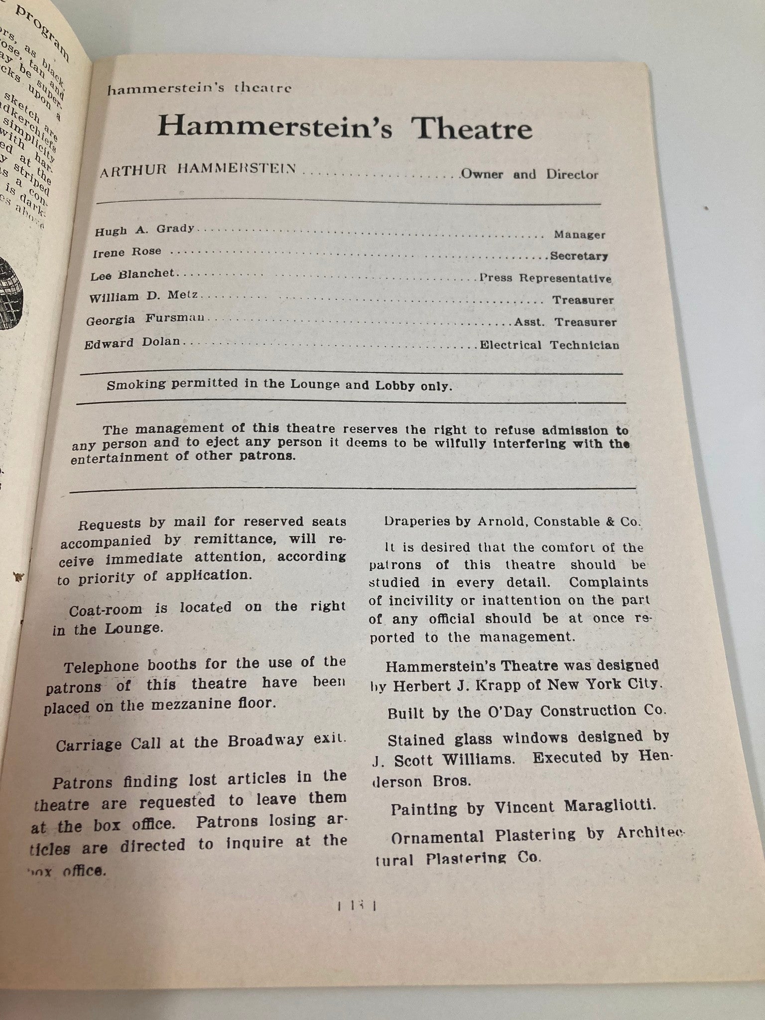 Inside page of the original magazine highlighting Hammerstein's Theatre, detailing management and theatre rules, from the 1921 Gaiety Theatre John Golden Presents Frank Bacon in Lightnin'.