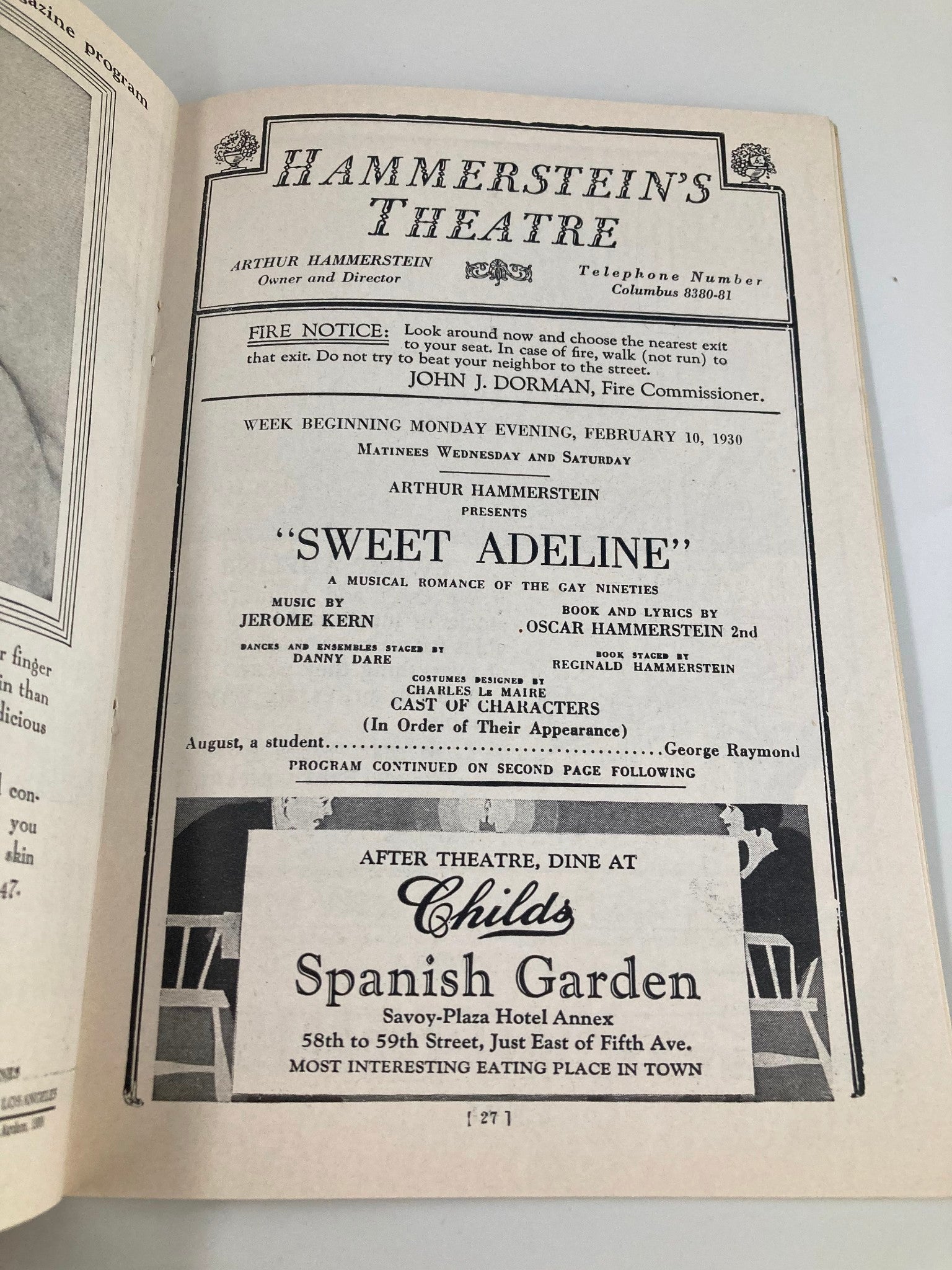 Historical program page from Hammerstein's Theatre, featuring promotional content for the musical 'Sweet Adeline' and an advertisement for dining options after the show, related to the 1921 Gaiety Theatre John Golden Presents Frank Bacon in Lightnin'.