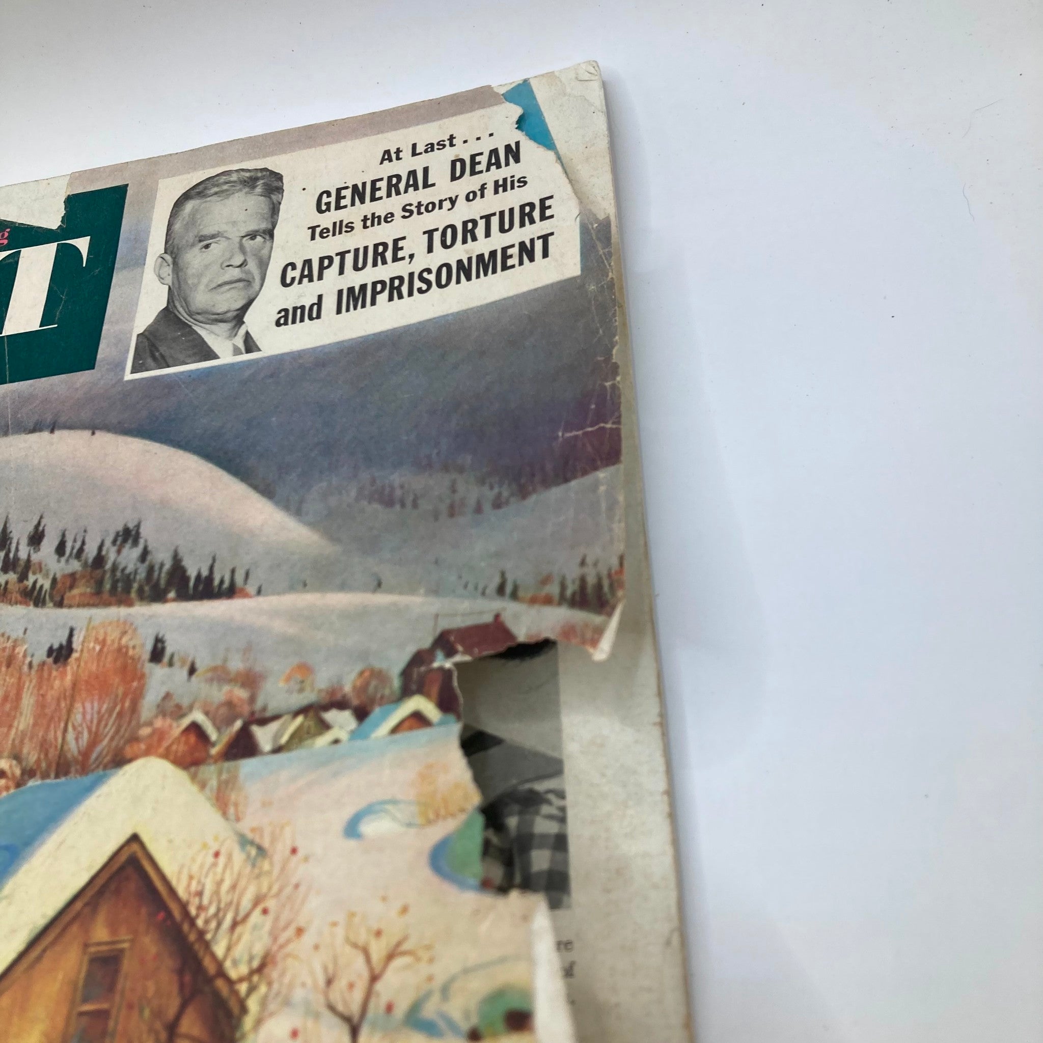 Close-up view of the Saturday Evening Post Magazine from January 23, 1954 showcasing the headline about General Dean's story of capture and torture, with additional vintage artwork details.