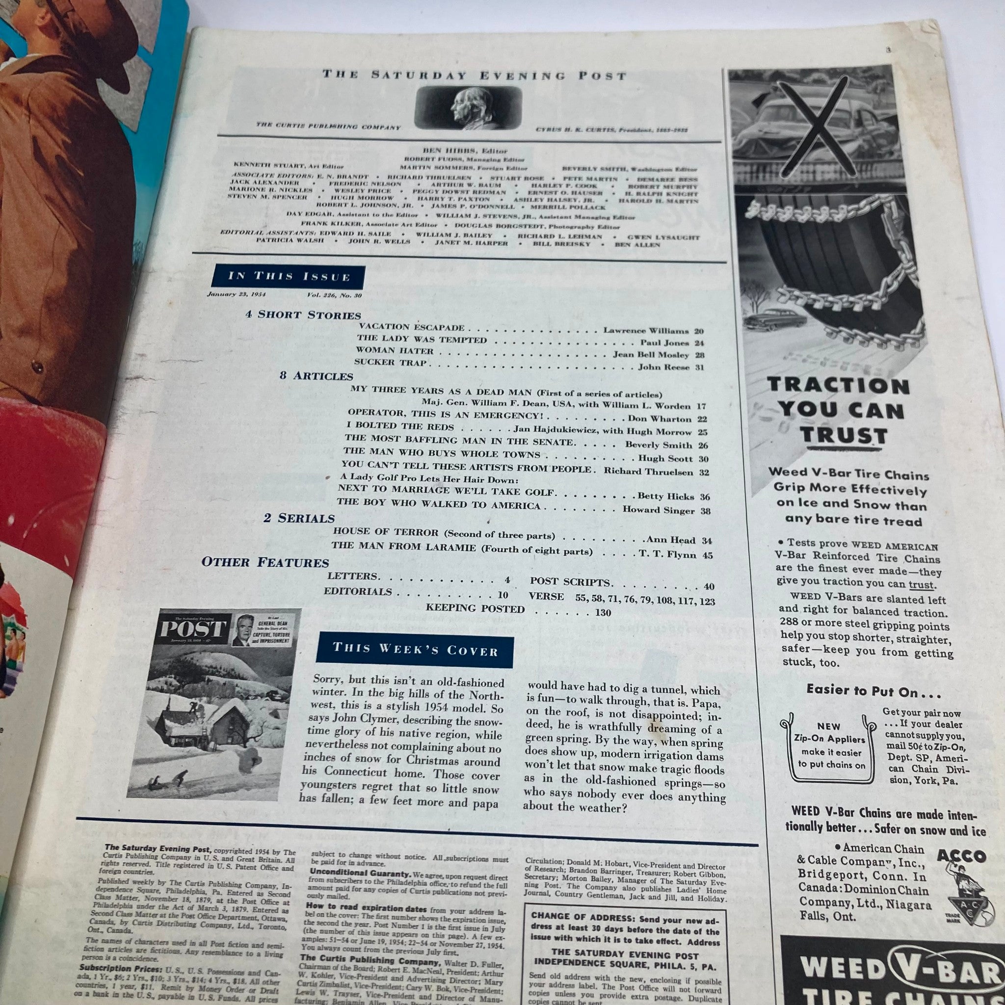 Interior page of the Saturday Evening Post Magazine, January 23, 1954, displaying content and features including cover illustration.