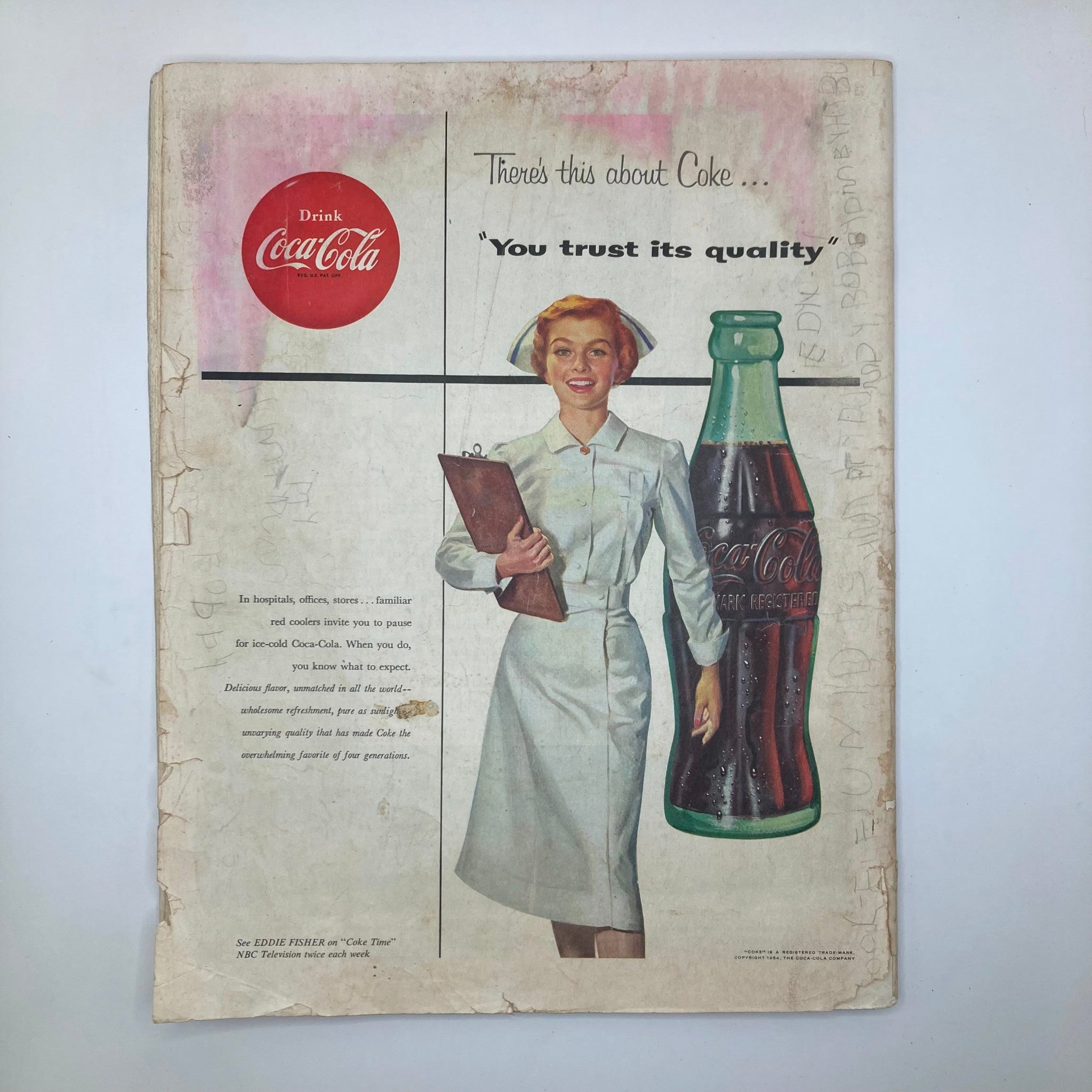 Back cover of the Saturday Evening Post Magazine January 23, 1954, showcasing a vintage Coca-Cola advertisement with a nurse promoting the drink.