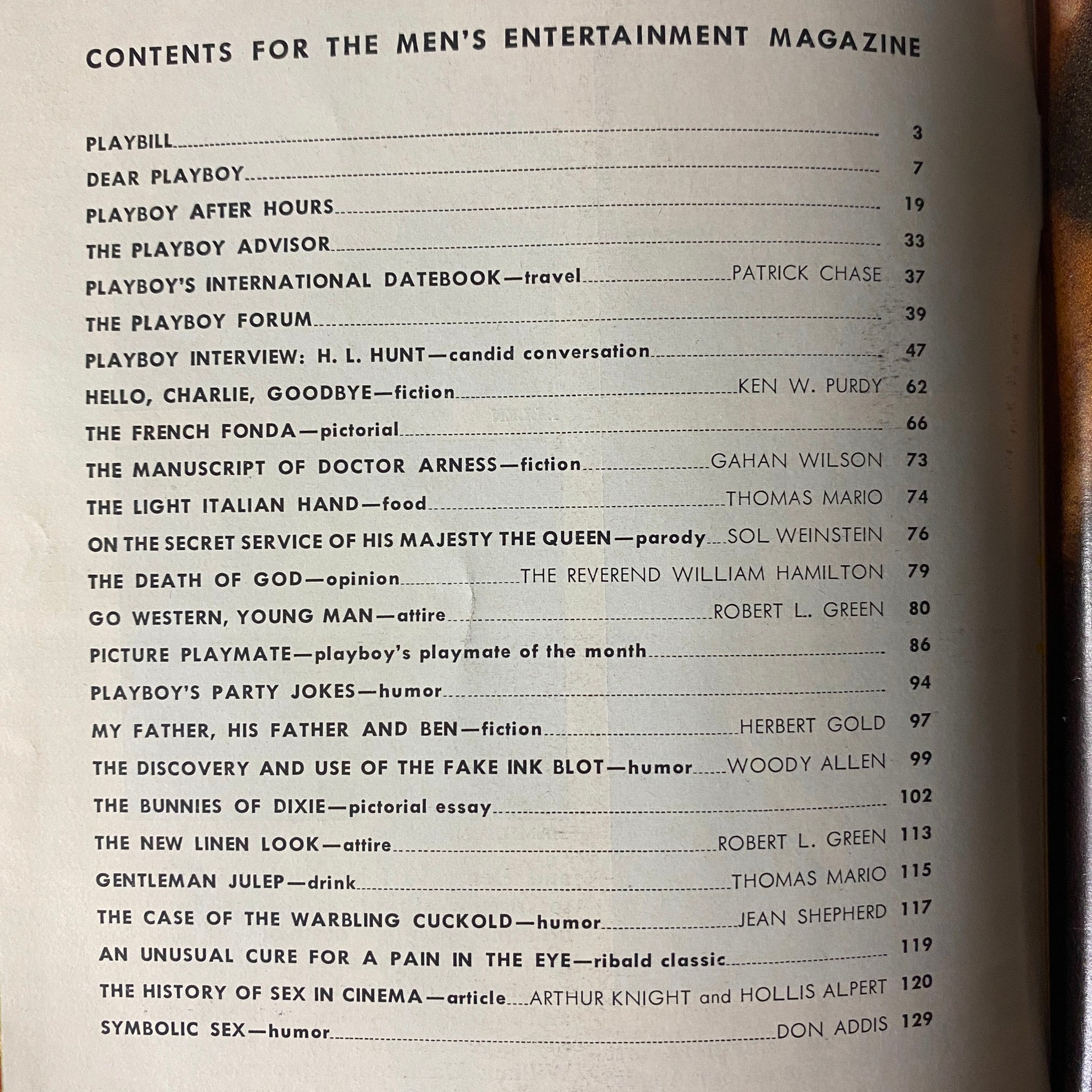 Contents page of Playboy Magazine August 1966, listing articles and features including the Playboy Interview and fiction highlights.
