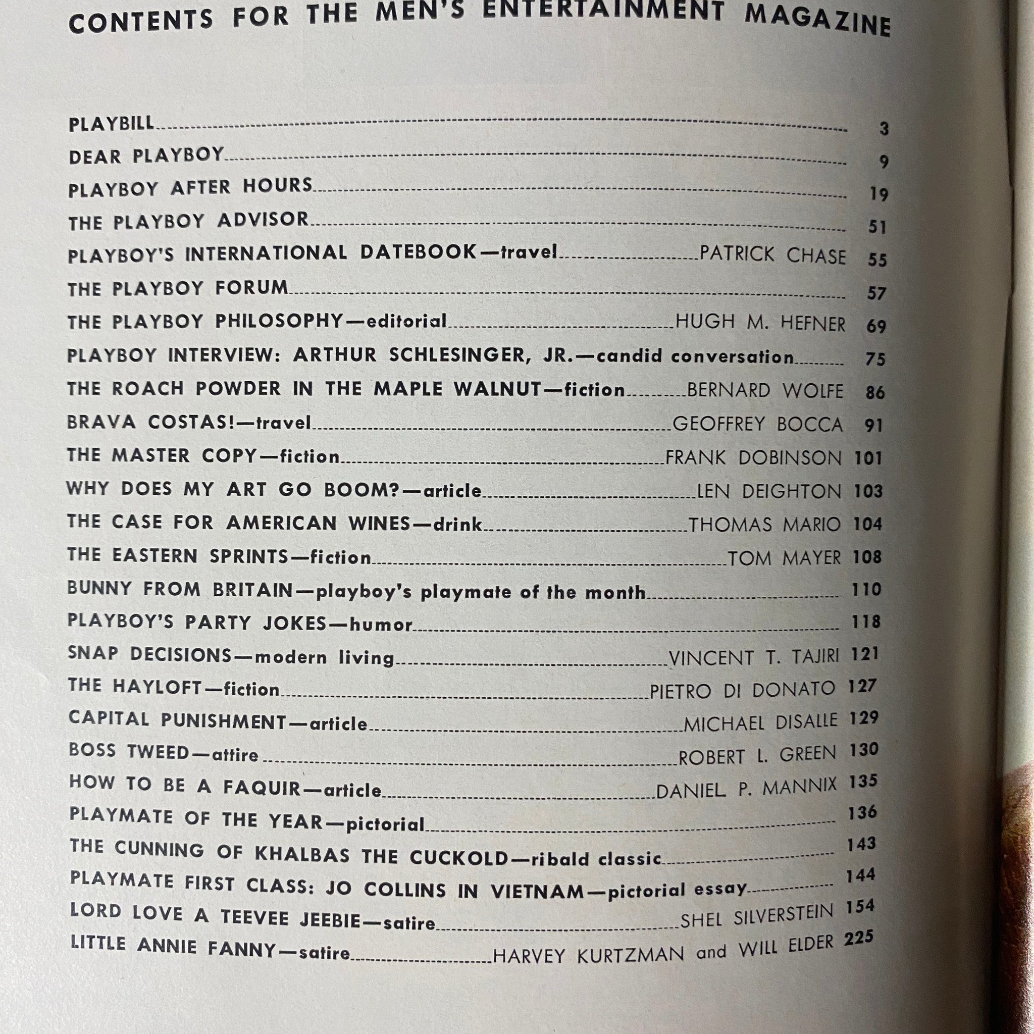 Table of contents page for Playboy Magazine May 1966 showcasing articles including Playboy Interview with Arthur Schlesinger Jr. and literary fiction highlights.