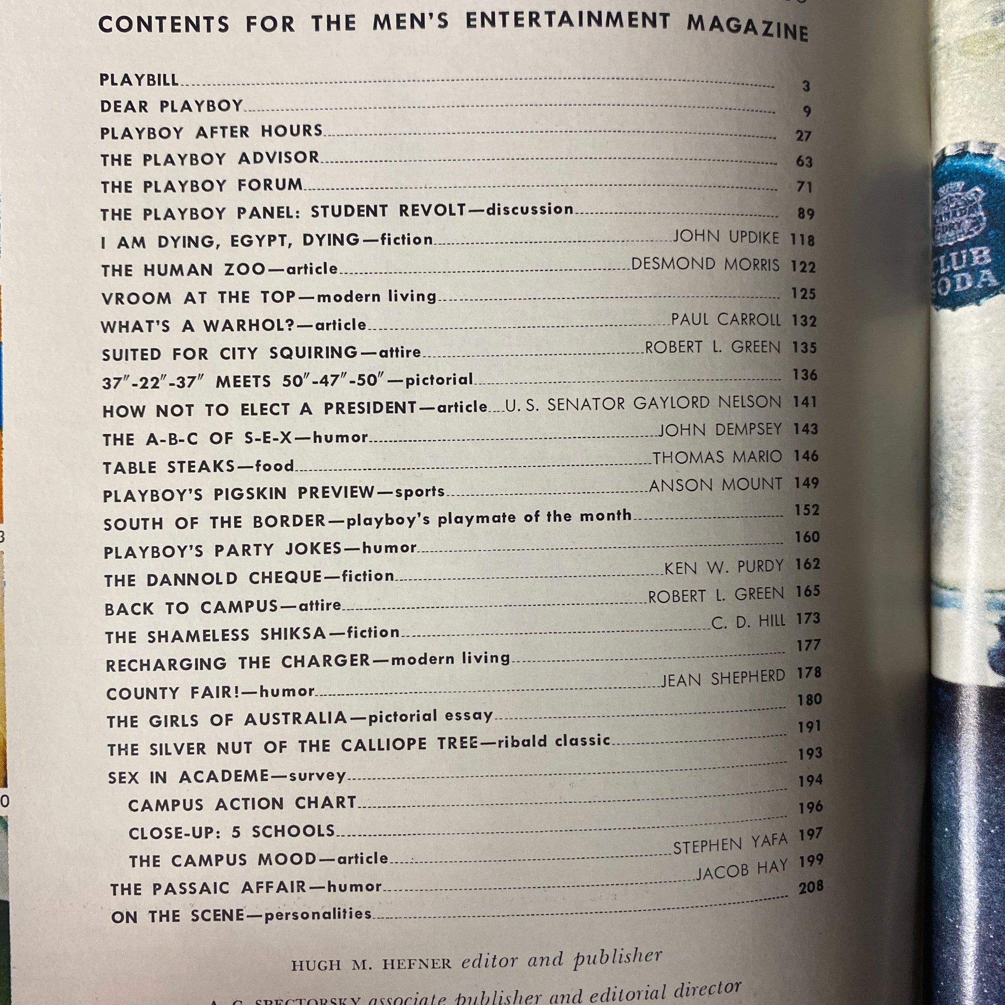 Contents page of Playboy Magazine September 1969, detailing articles and features including 'Student Revolt' discussion and Miss September.